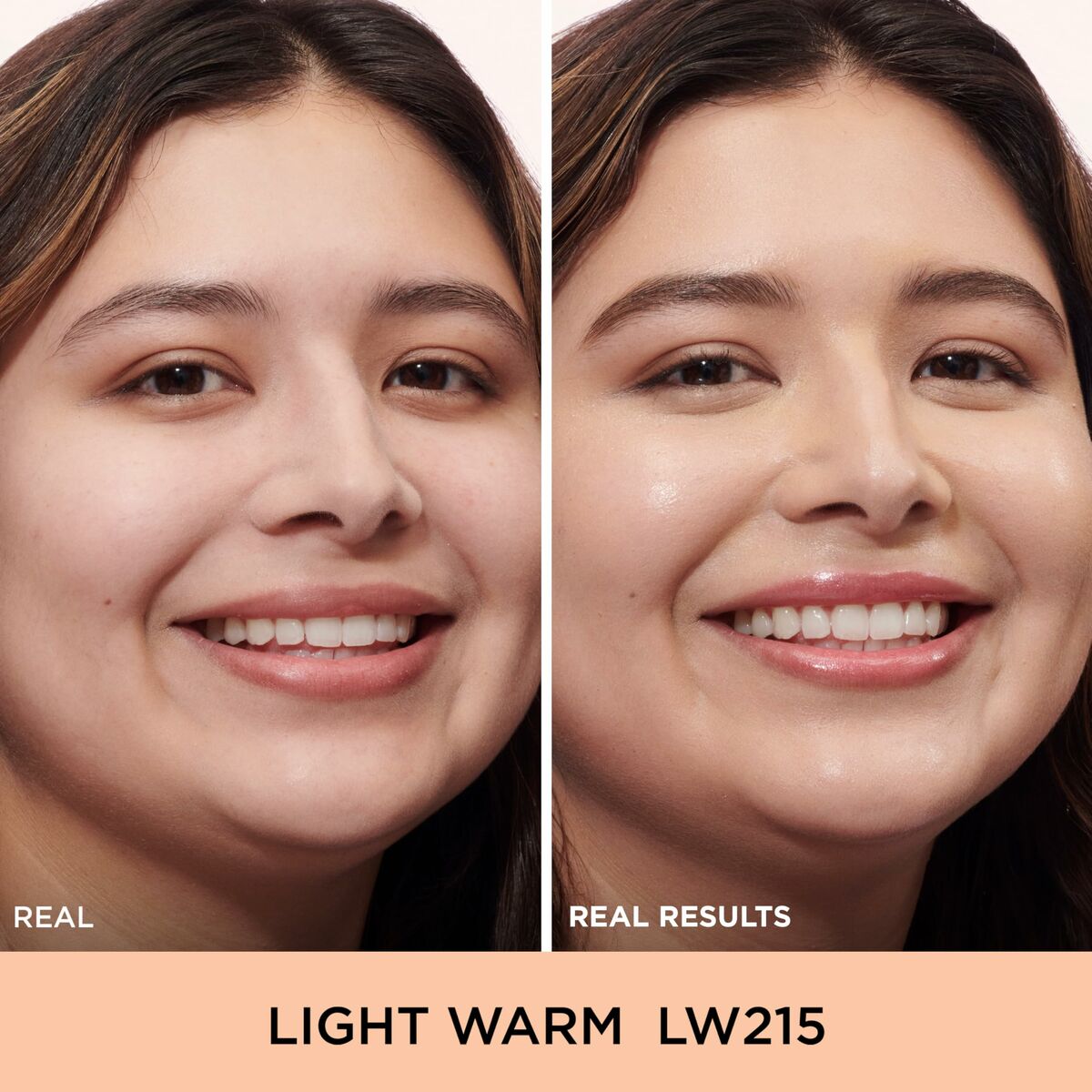 Before and after photo of a smiling woman showcasing It Cosmetics DO IT ALL RADIANT makeup in Light Warm LW215.