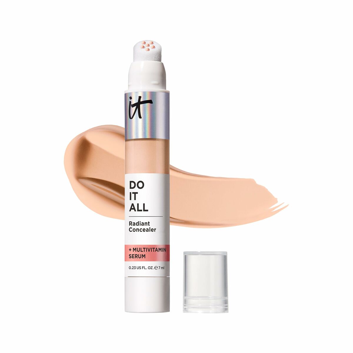 It Cosmetics DO IT ALL Radiant Concealer with multivitamin serum and swatch on a surface.