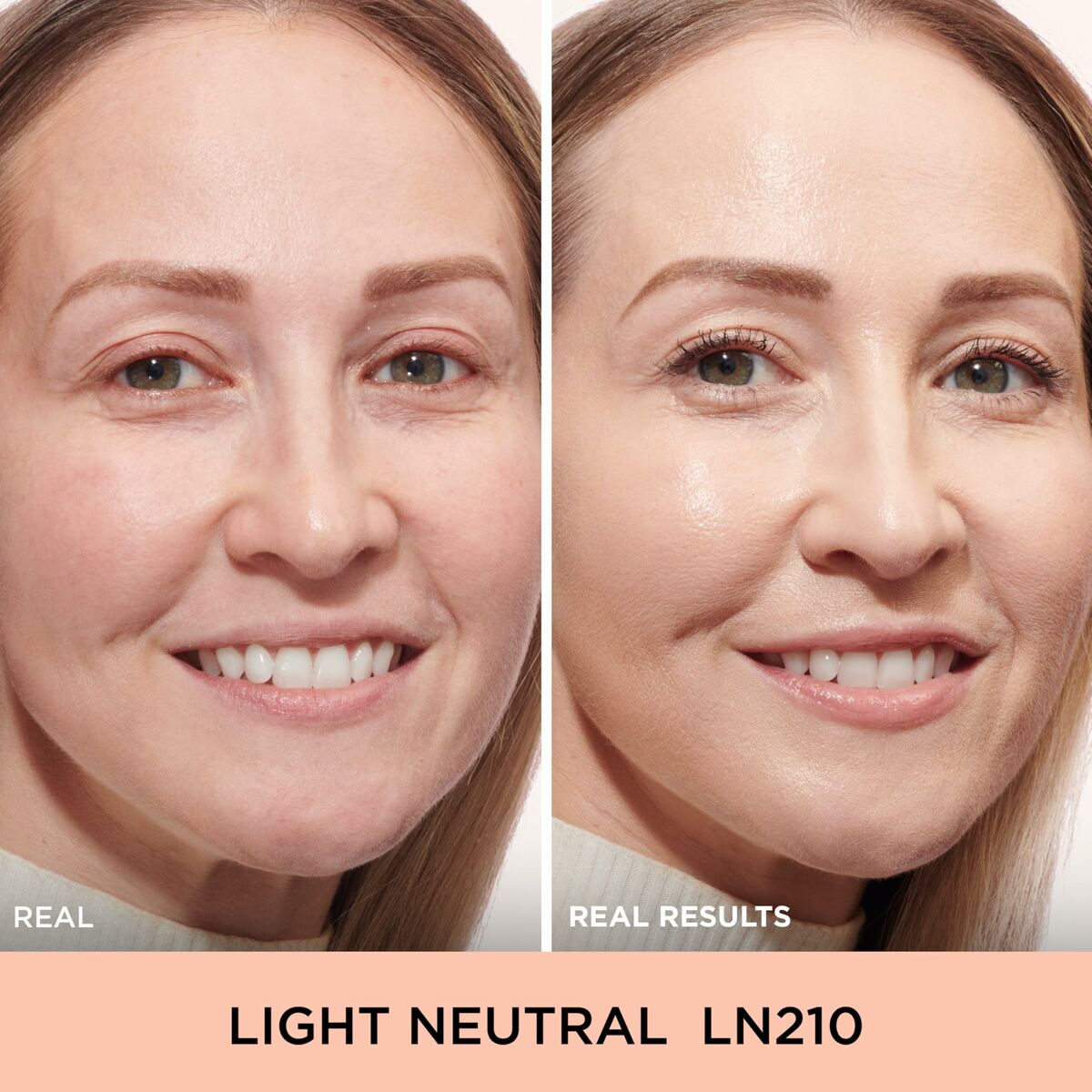 Comparison image showing real results of Light Neutral LN210 makeup by It Cosmetics on a smiling model.