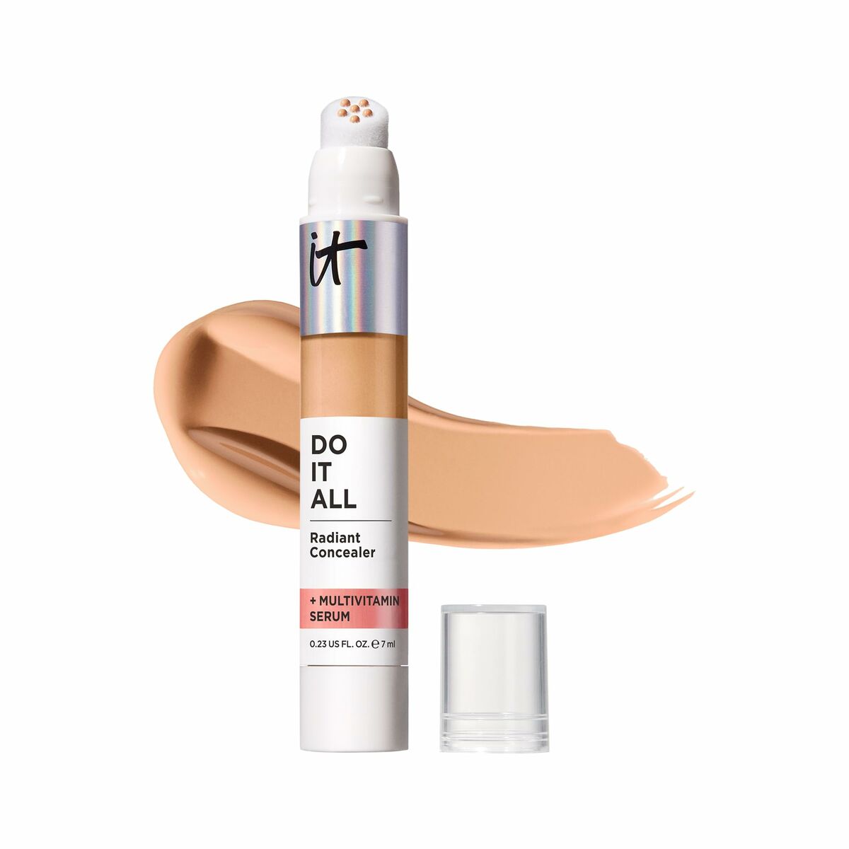 It Cosmetics DO IT ALL Radiant Concealer with multivitamin serum on a swatch of foundation.