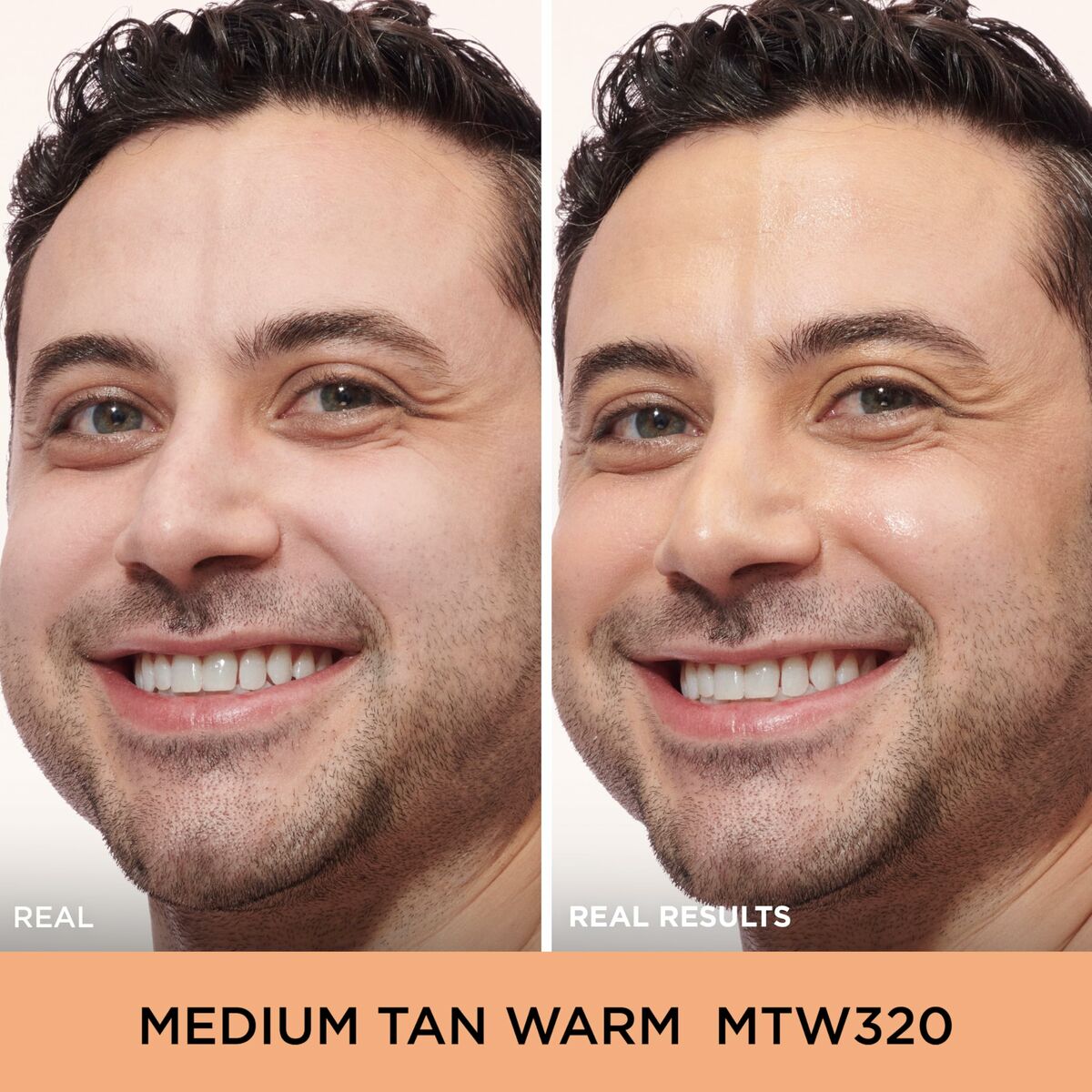Before and after comparison of medium tan warm skin tone, showcasing real results with MTW320 shade.