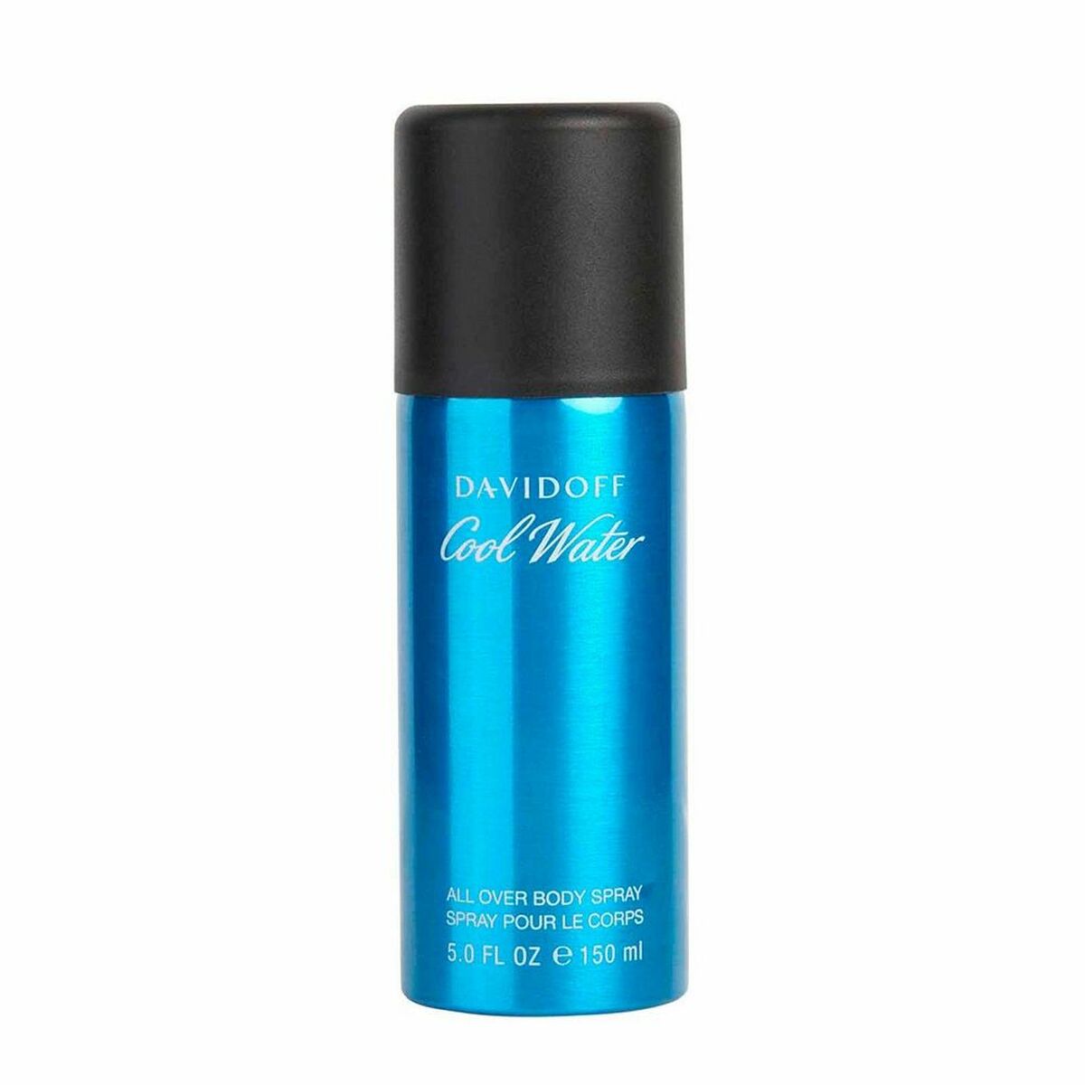 Spray déodorant Cool Water Davidoff 150 ml, soin du corps pour homme, format spray, emballage bleu distinctif.