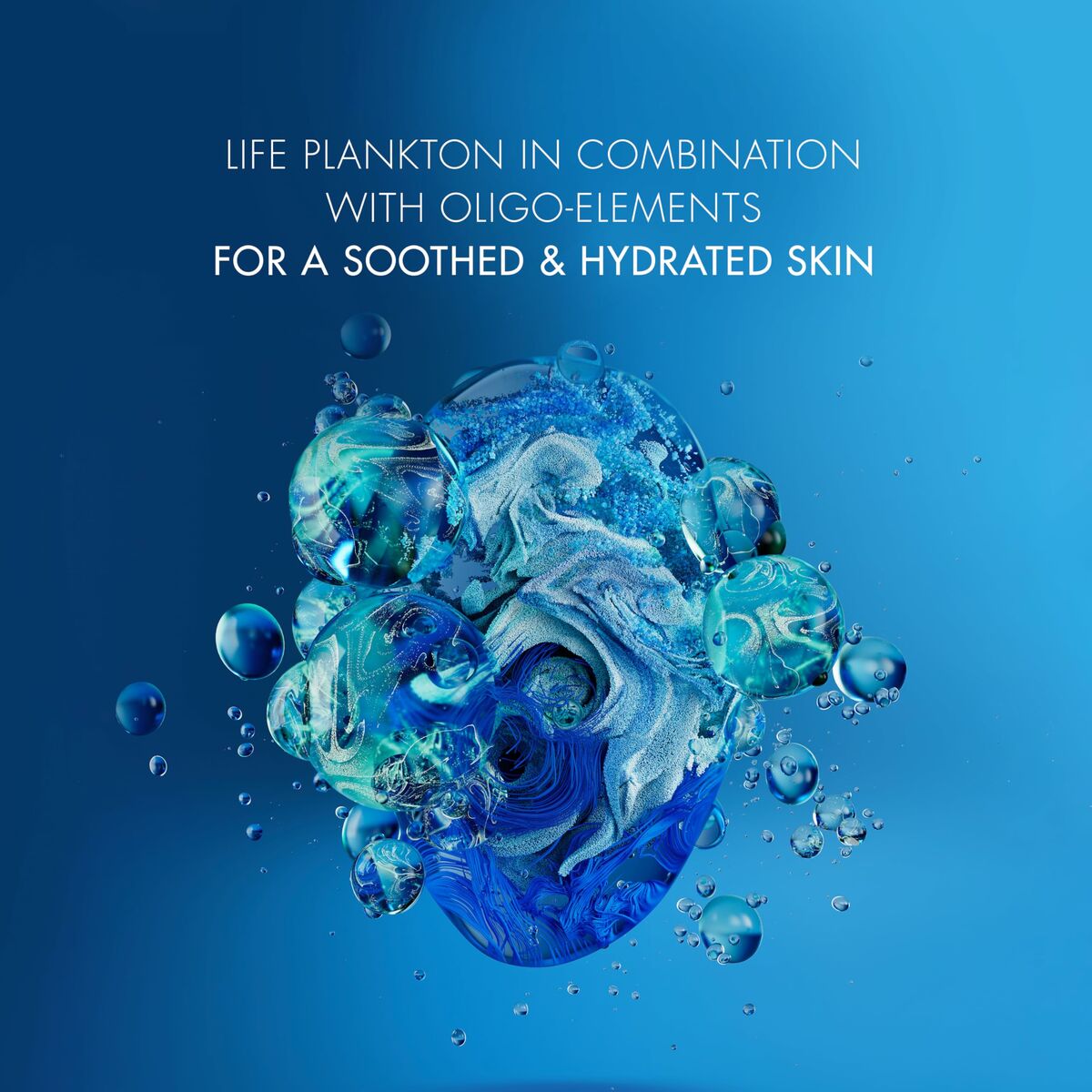 Abstract image illustrating life plankton and oligo-elements for hydrated skin with soothing properties.
