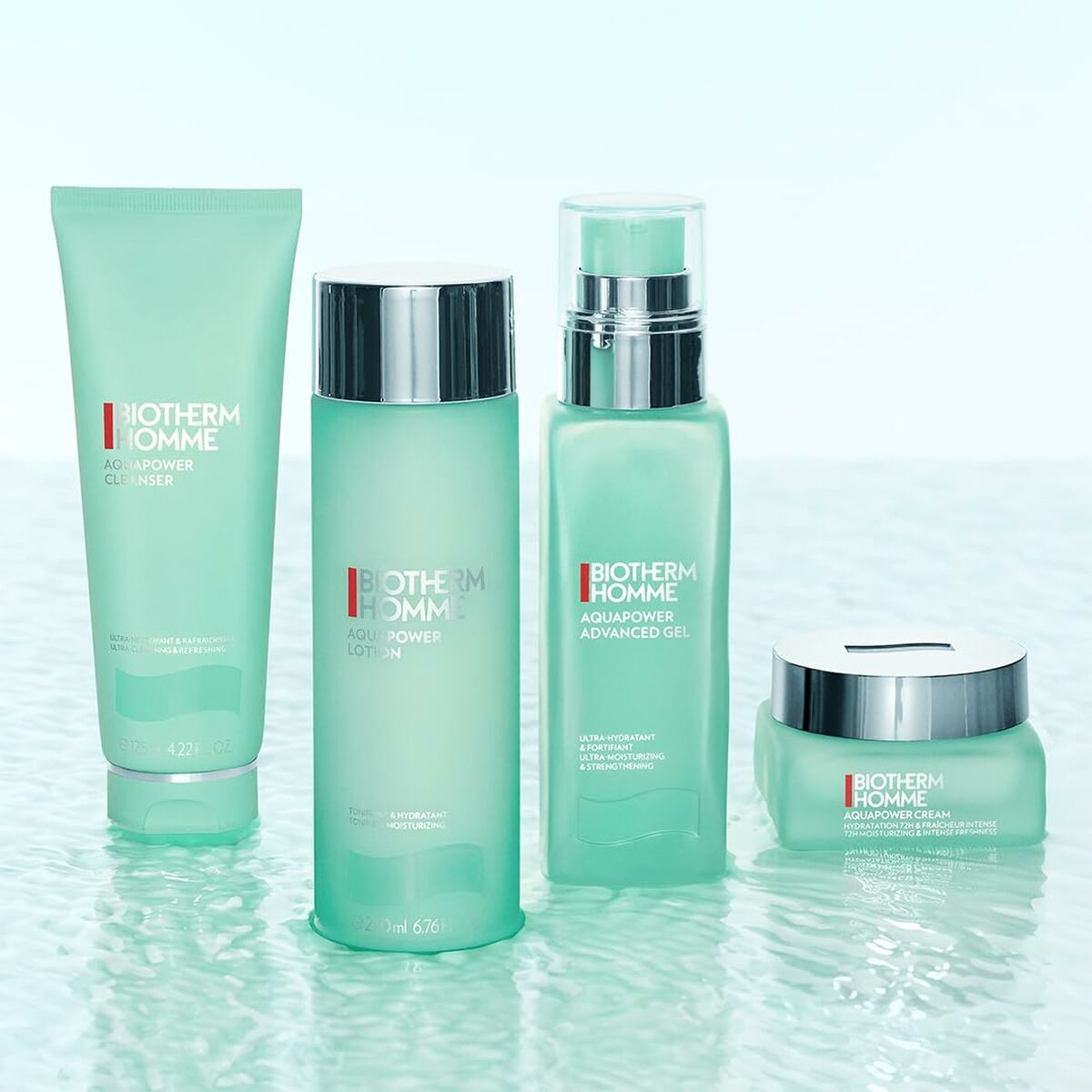 Biotherm Homme Aquapower skincare range including cleanser, lotion, advanced gel, and cream in a fresh setting.