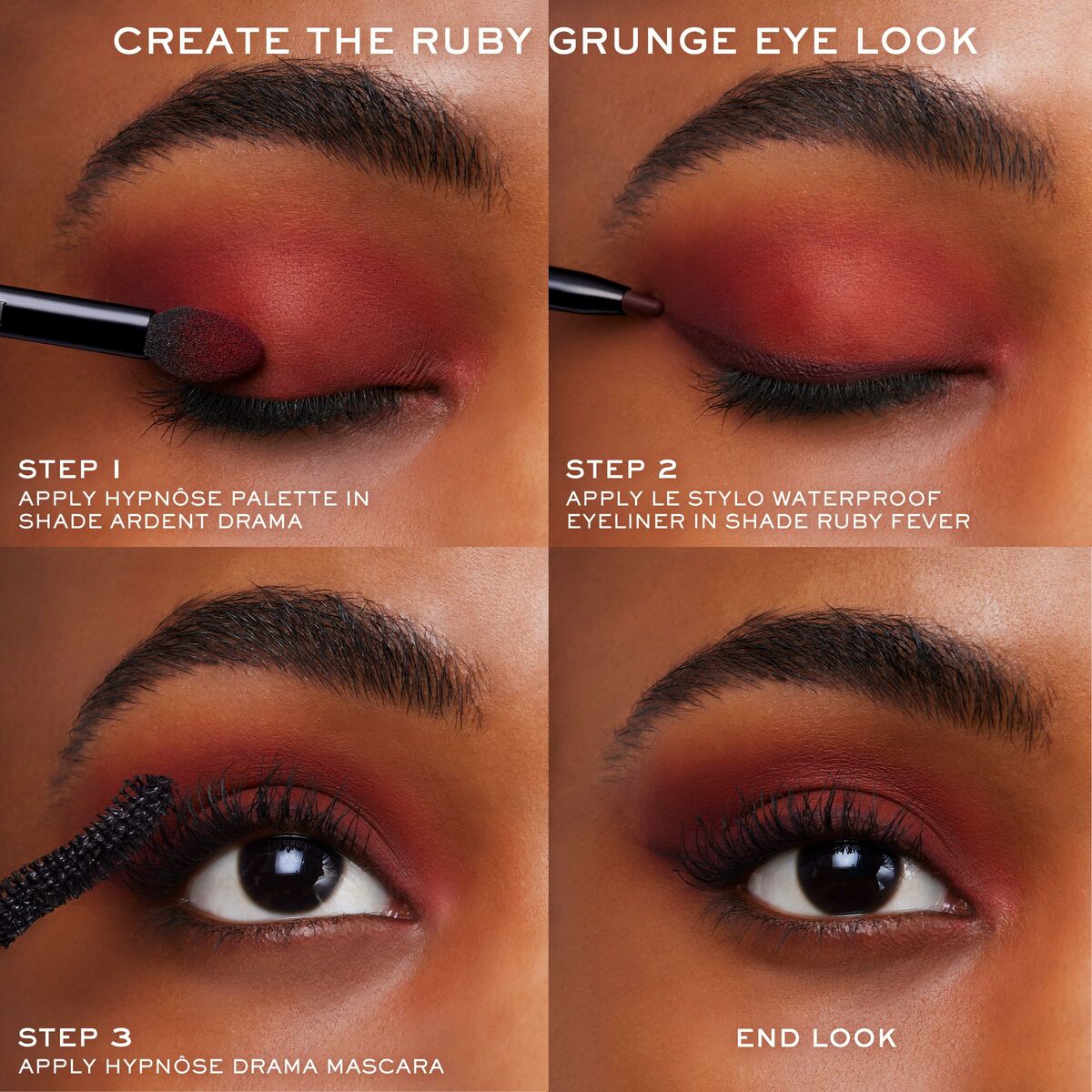 Steps to create a Ruby Grunge eye look using Lancôme products: Hypnôse Palette, eyeliner, and mascara.