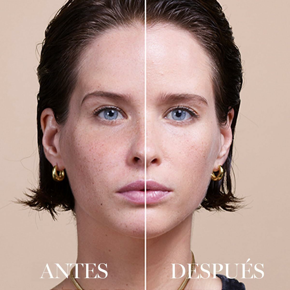 Avant et après l'utilisation de la base de maquillage Lancôme sur le visage d'une femme avec peau claire.