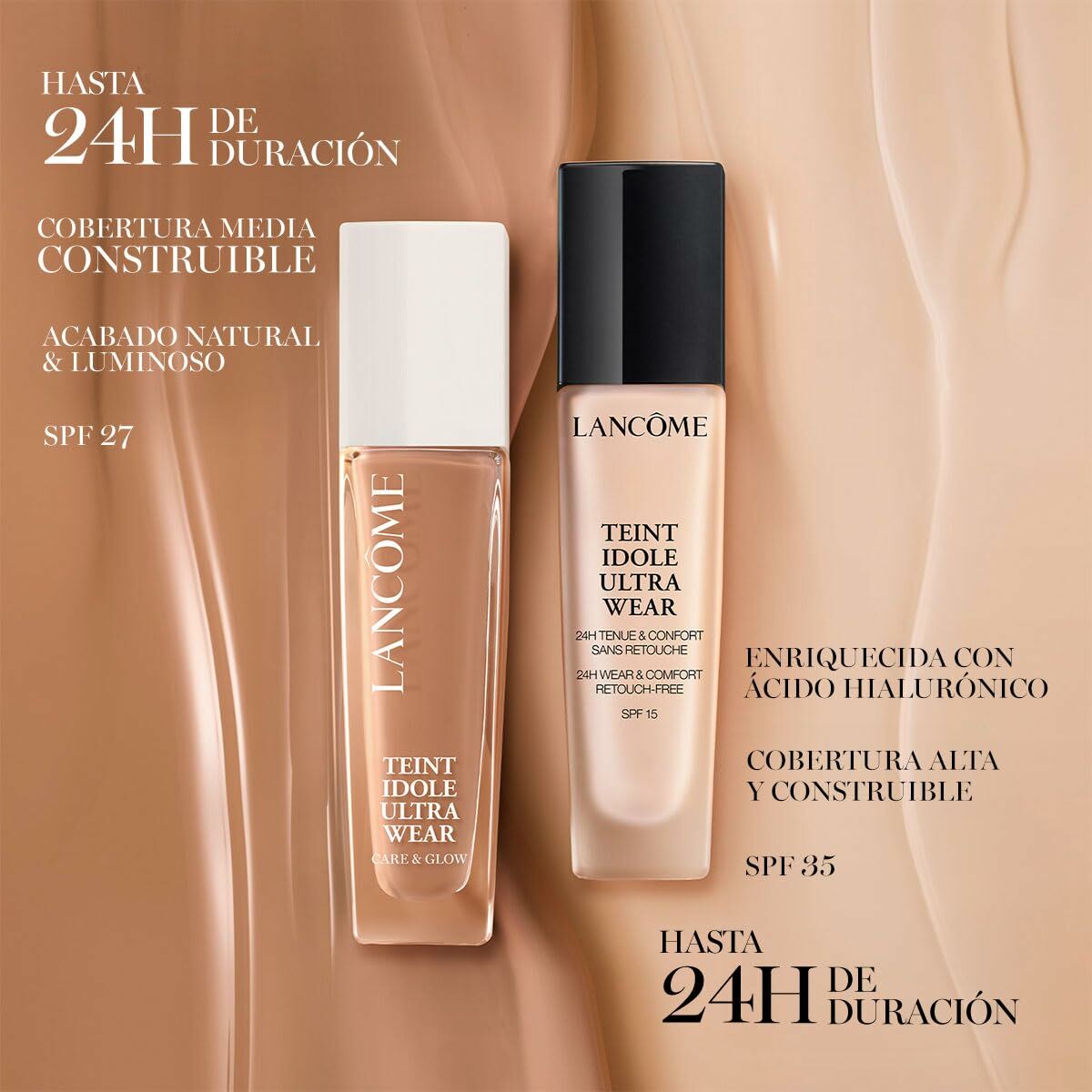 Flacons de fond de teint Lancôme Teint Idole Ultra Wear avec descriptions des caractéristiques et protections SPF.