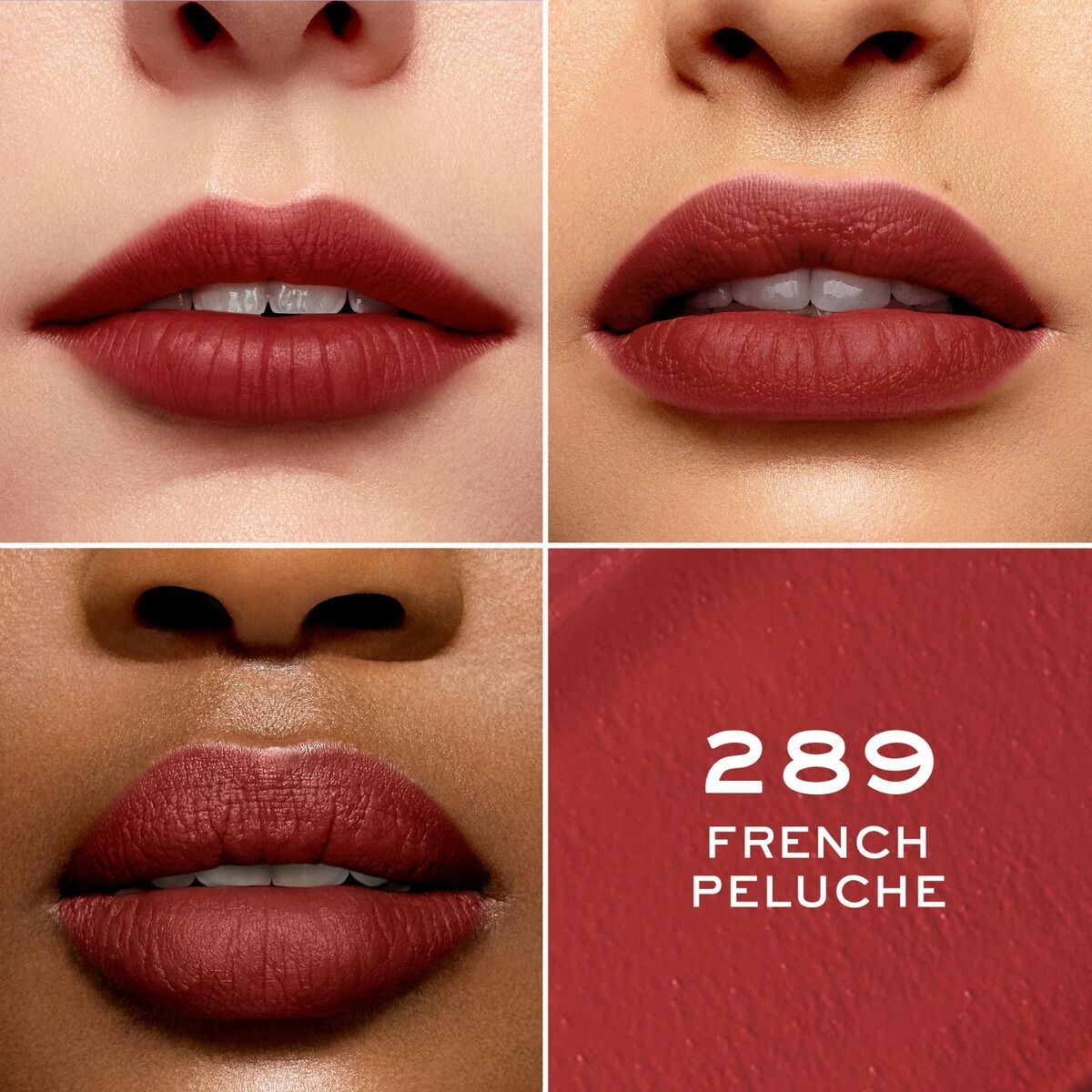 Rouge à lèvres Lancôme Absolu Rouge en teinte 289 French Peluche, montrant des lèvres parfaitement maquillées.