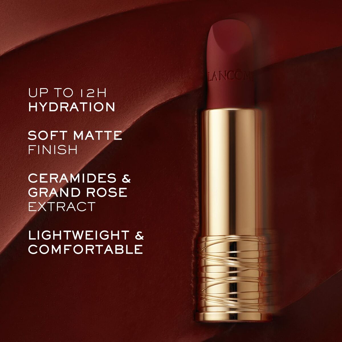 Rouge à lèvres Lancôme Absolu Rouge Nº 889, stick lipstick with 12h hydration, soft matte finish, lightweight formula.