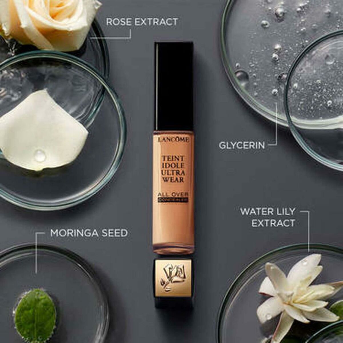 Lancôme Teint Idole Ultra Wear foundation with key ingredients: rose extract, glycerin, moringa seed, water lily extract.