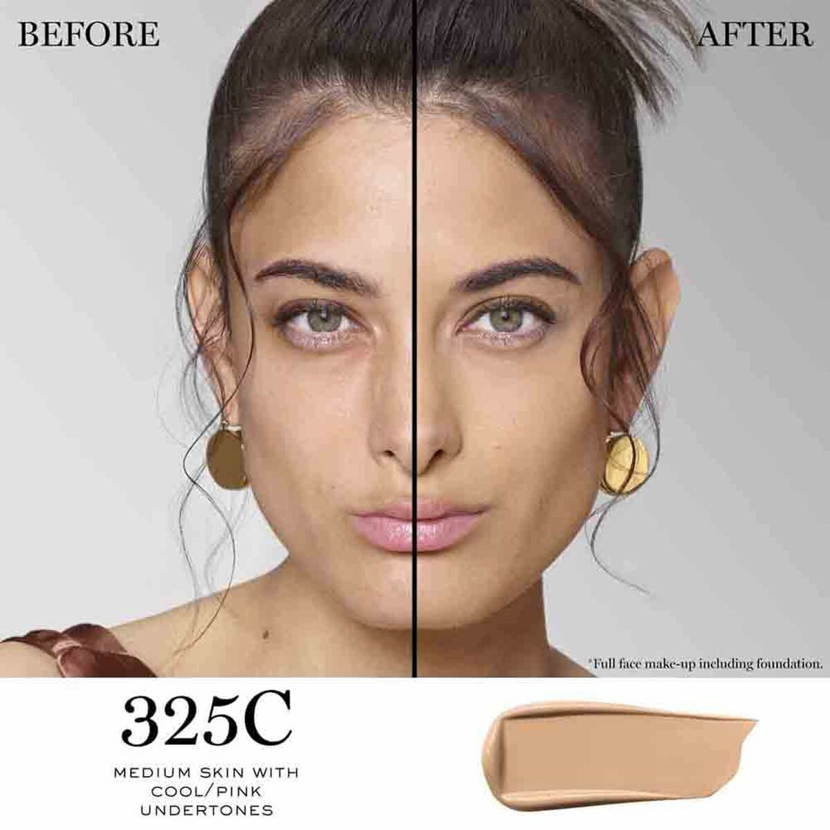Before and after makeup comparison showing Lancôme Teint Idole Ultra Wear C Nº 325c on medium skin with cool/pink undertones.