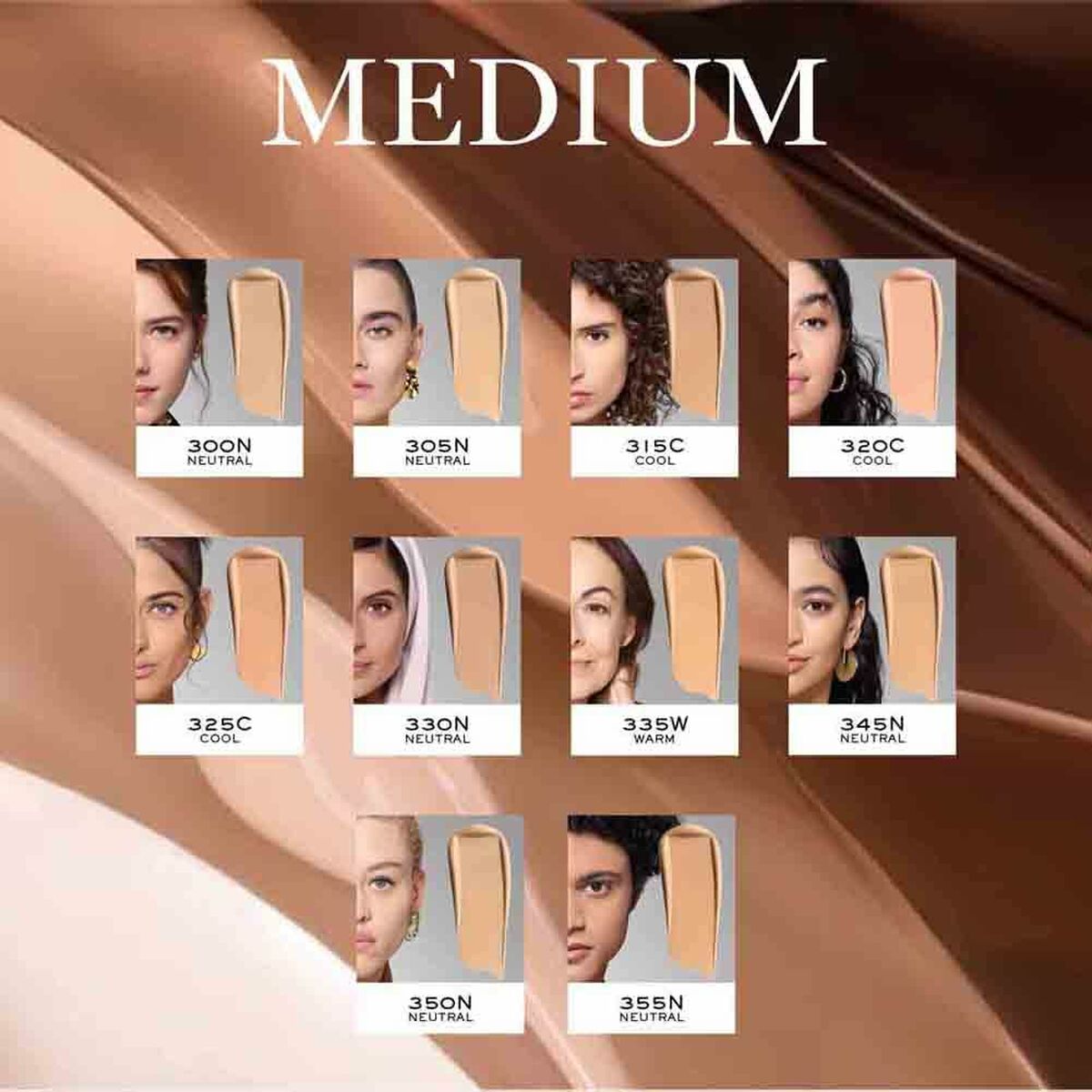Shades of medium foundation from Lancôme, including cool and neutral tones for various skin types.