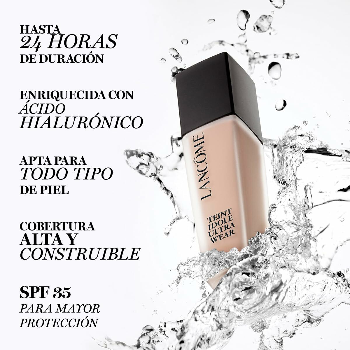 Base de maquillage liquide Lancôme Teint Idole Ultra Wear Nº 430c avec SPF 35, enrichie en acide hyaluronique et waterproof.