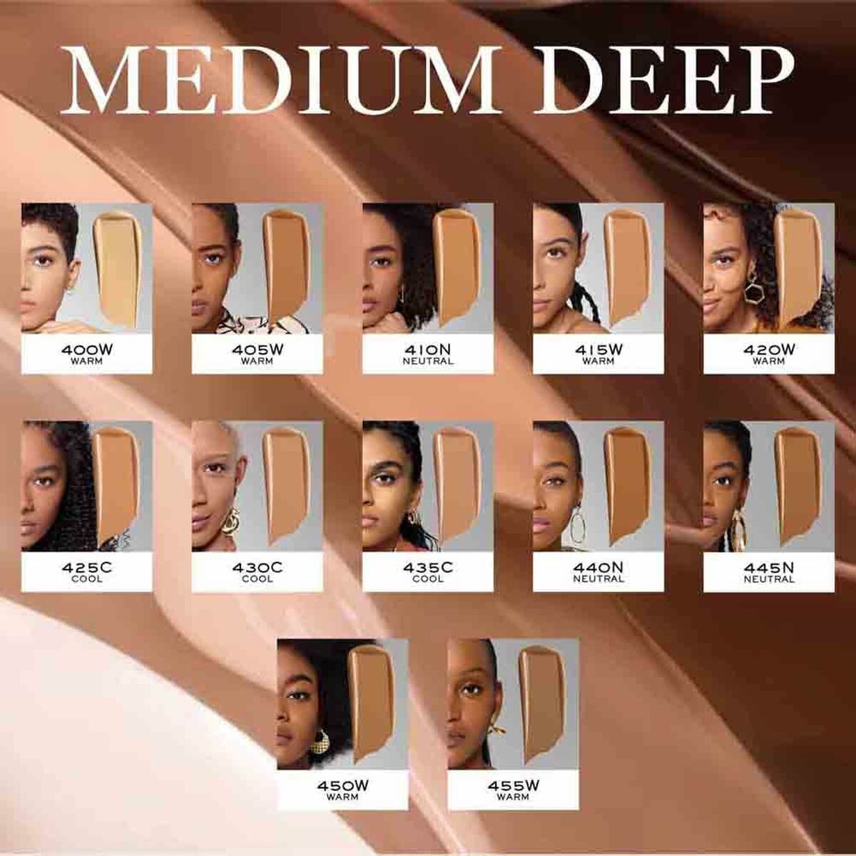 Shade chart for Lancôme Teint Idole Ultra Wear foundation in Medium Deep, showing various shades and undertones.
