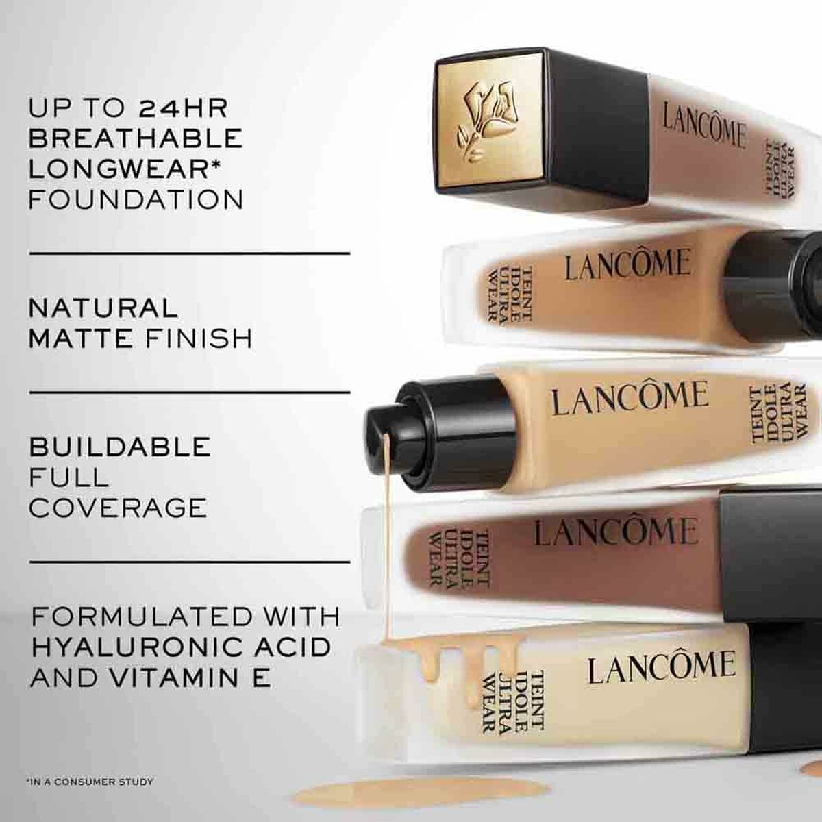 Base de maquillage liquide Lancôme Teint Idole Ultra Wear avec finition mate, couvrance modulable et acide hyaluronique.