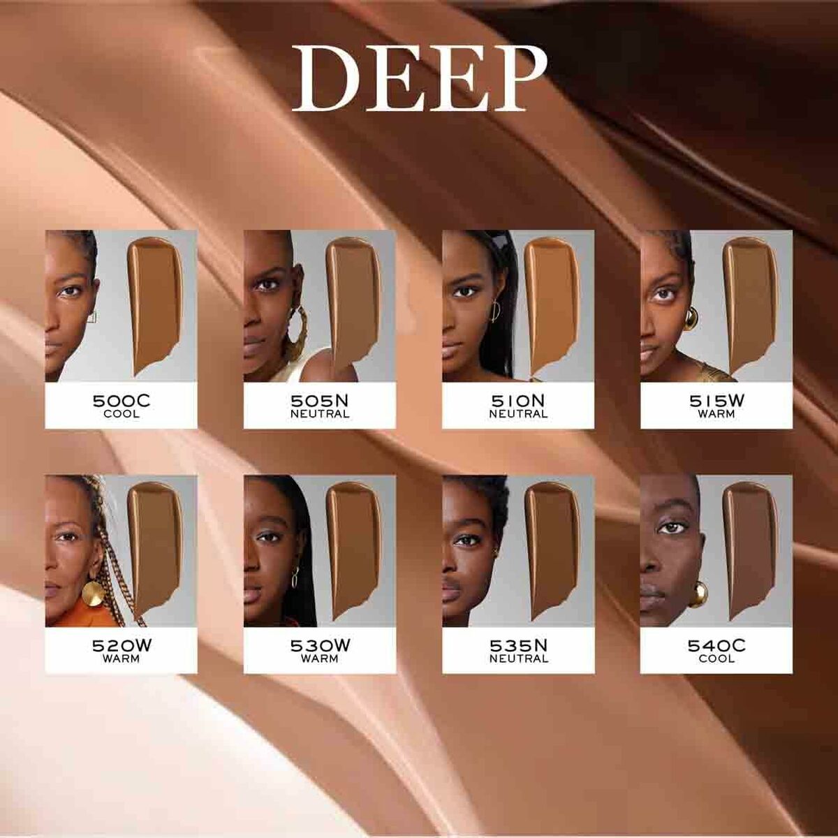 Swatches of Lancôme Teint Idole Ultra Wear foundations in deep shades: 500C, 505N, 510N, 515W, 520W, 530W, 535N, 540C.