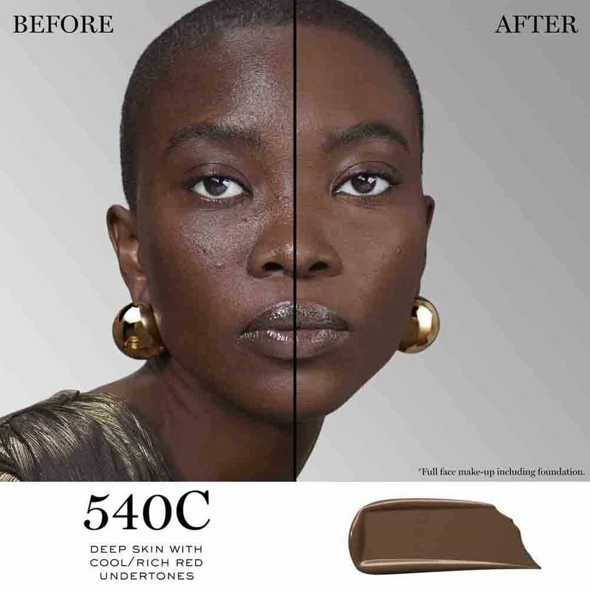 Before and after makeup transformation using Lancôme Teint Idole Ultra Wear C 540C for deep skin tones.