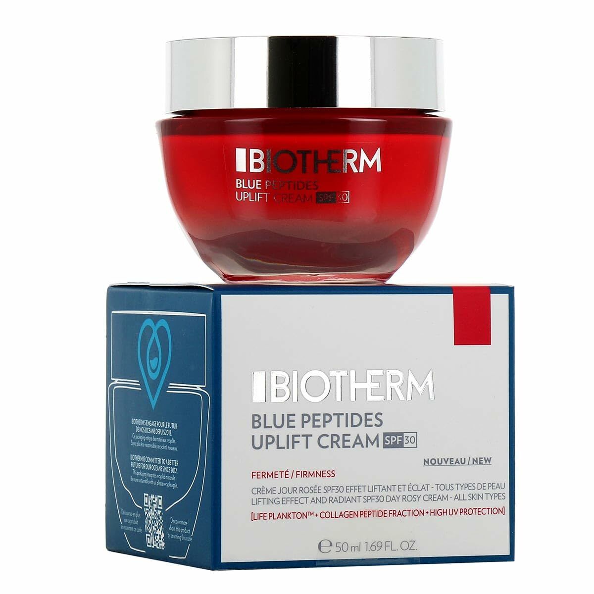 Crème de jour Biotherm Blue Peptides Uplift SPF 30 in red jar, 50 ml, ideal for skincare enthusiasts.