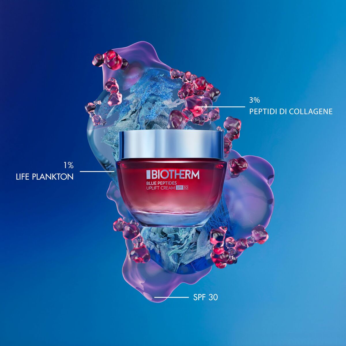 Crème de jour Biotherm Blue Peptides Uplift SPF 30 with Life Plankton and collagen peptides, marine-inspired skincare.