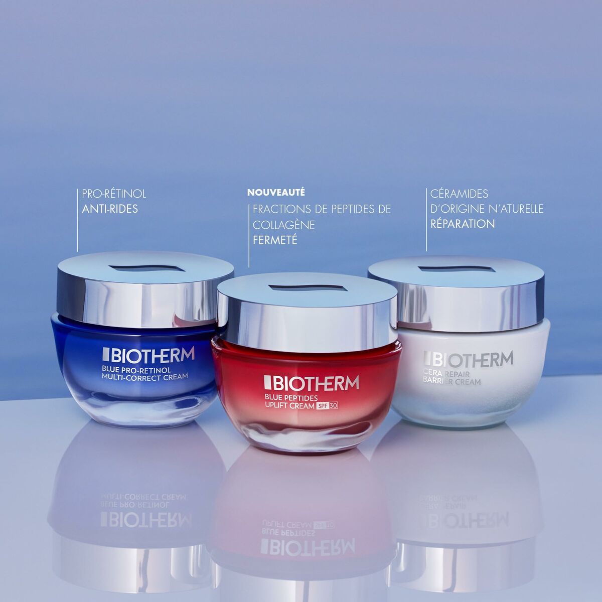 Biotherm skincare range featuring Blue Pro-retinol, Blue Peptides Uplift, and Aqua Source cream in stylish jars.
