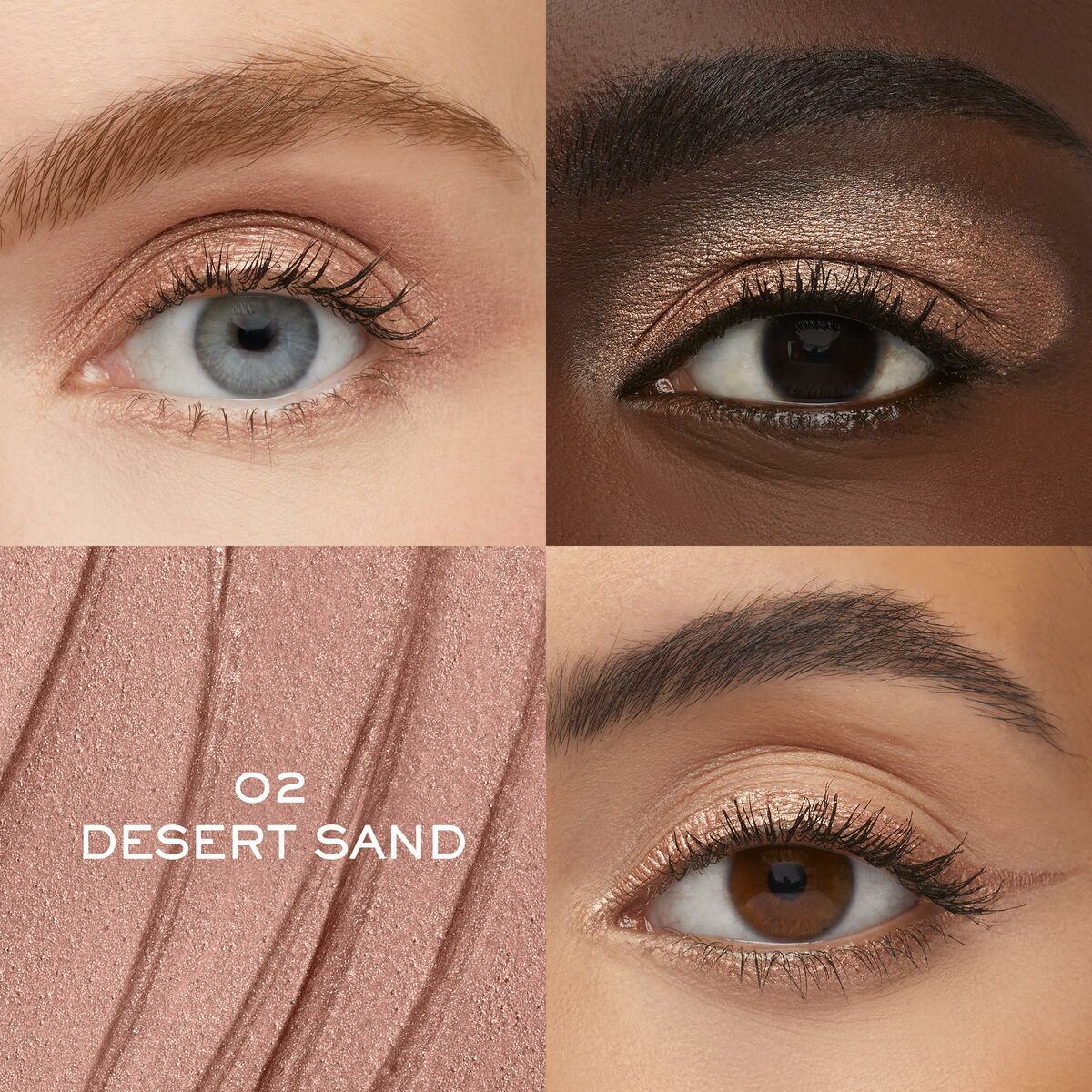 Collage of eye makeup showcasing Lancôme Idôle Tint in shade Desert Sand, highlighting diverse skin tones.