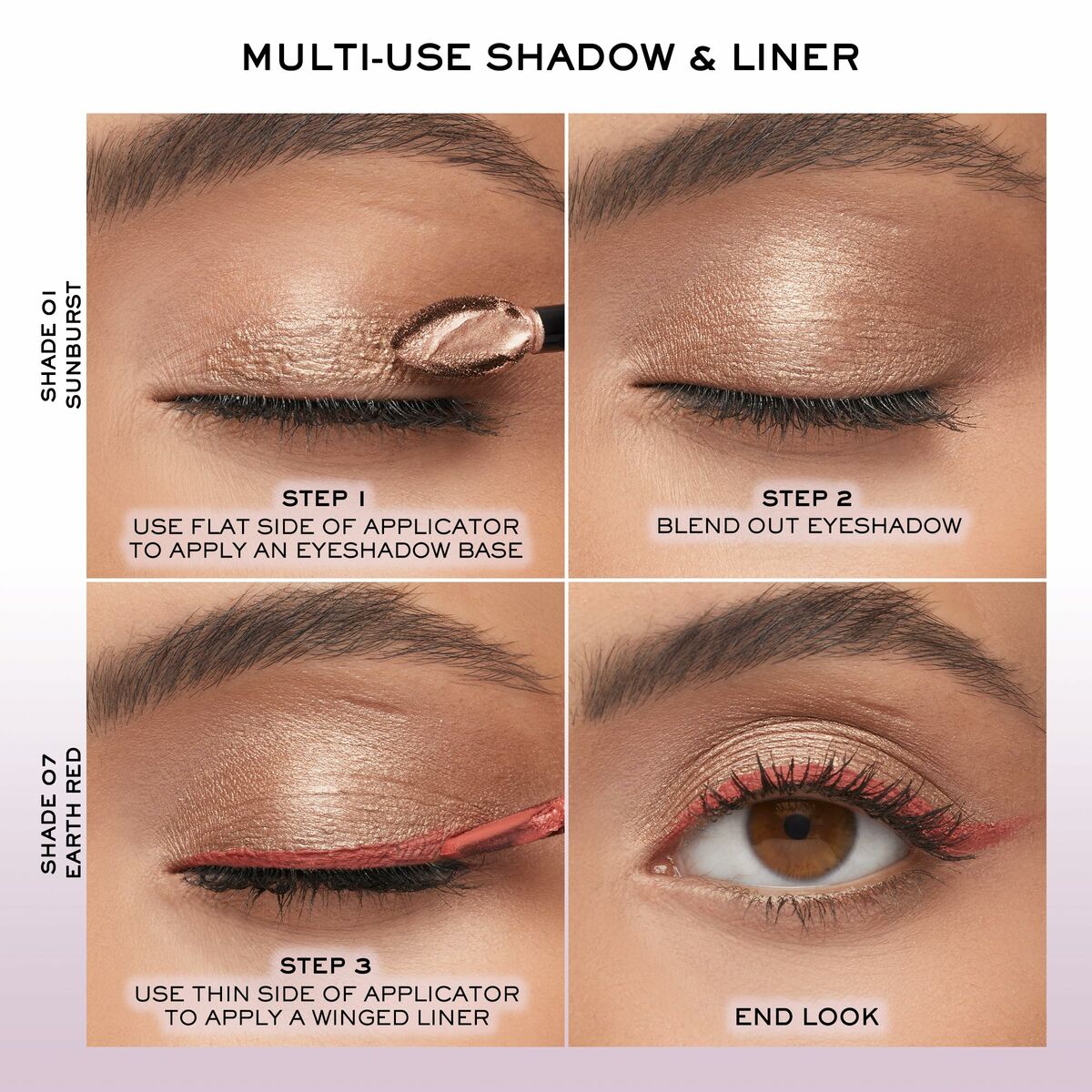 Step-by-step guide for applying multi-use eyeshadow and liner with Sunburst and Earth Red shades.
