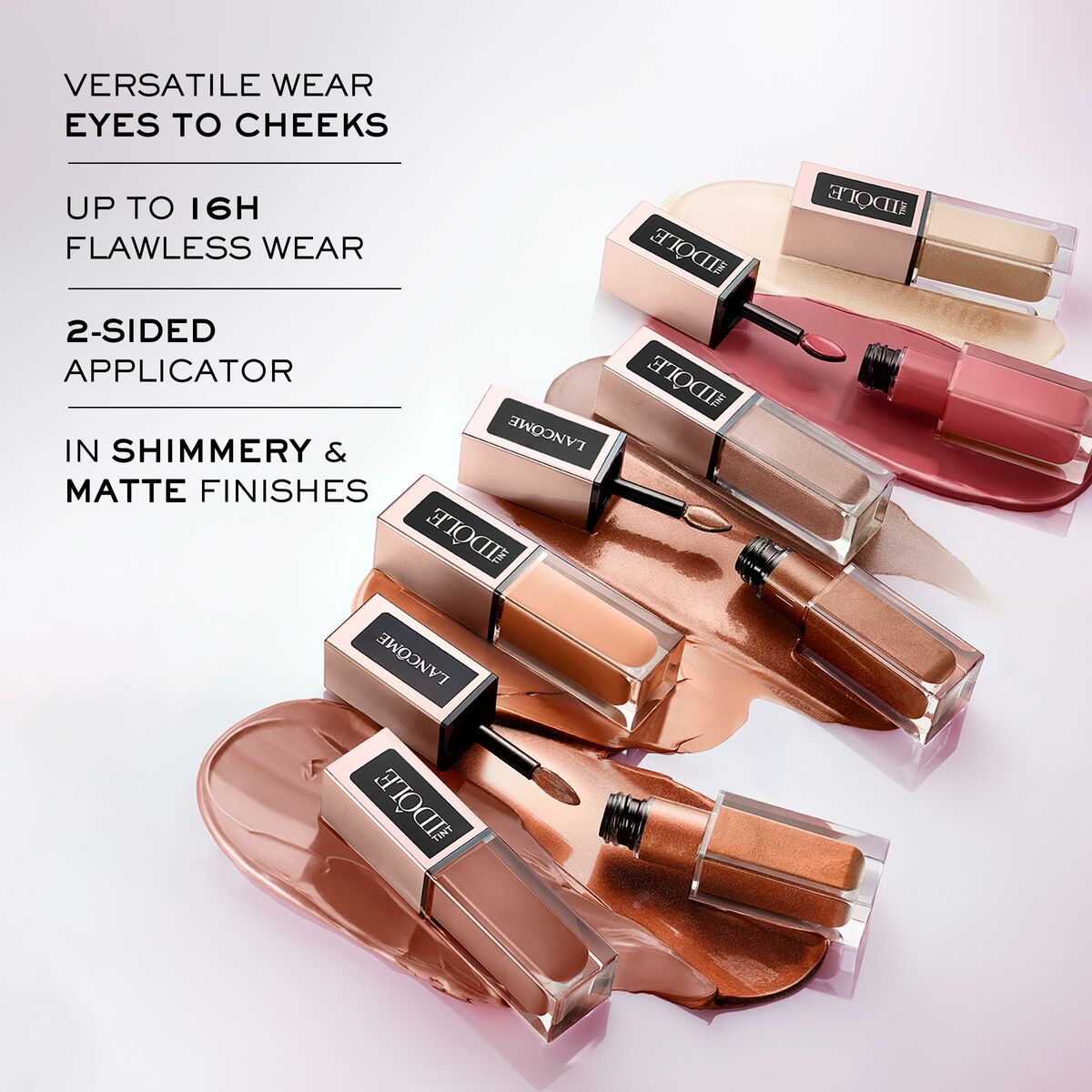 Lot Lancôme Idôle Tint liquid makeup in shimmery and matte finishes, versatile wear for eyes and cheeks.