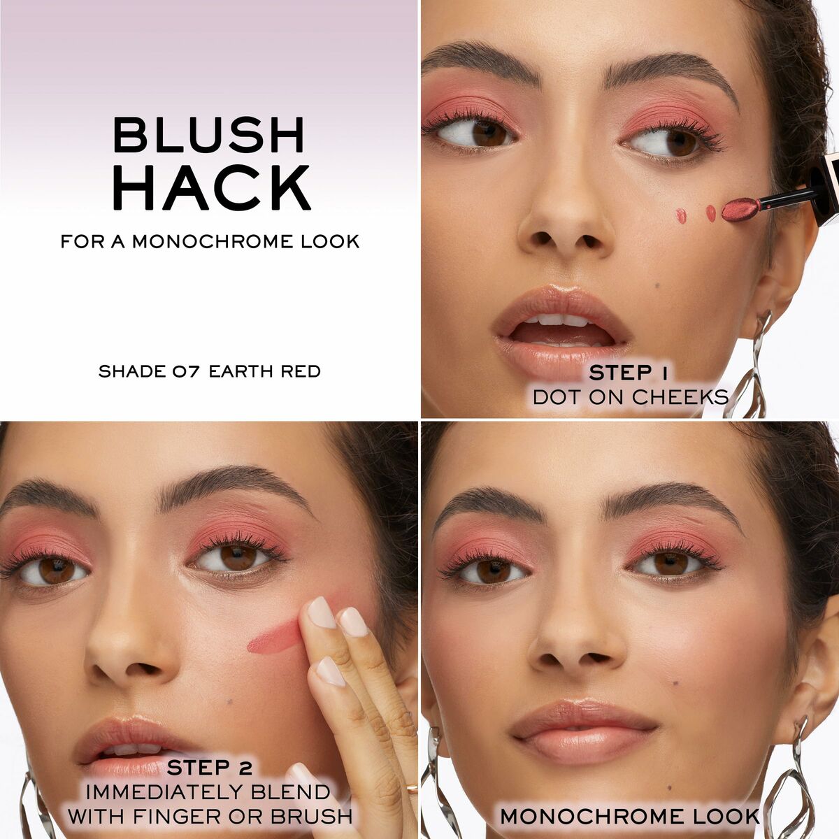 Step-by-step guide for a monochrome blush look with Lancôme Idôle Tint in shade 07 Earth Red.