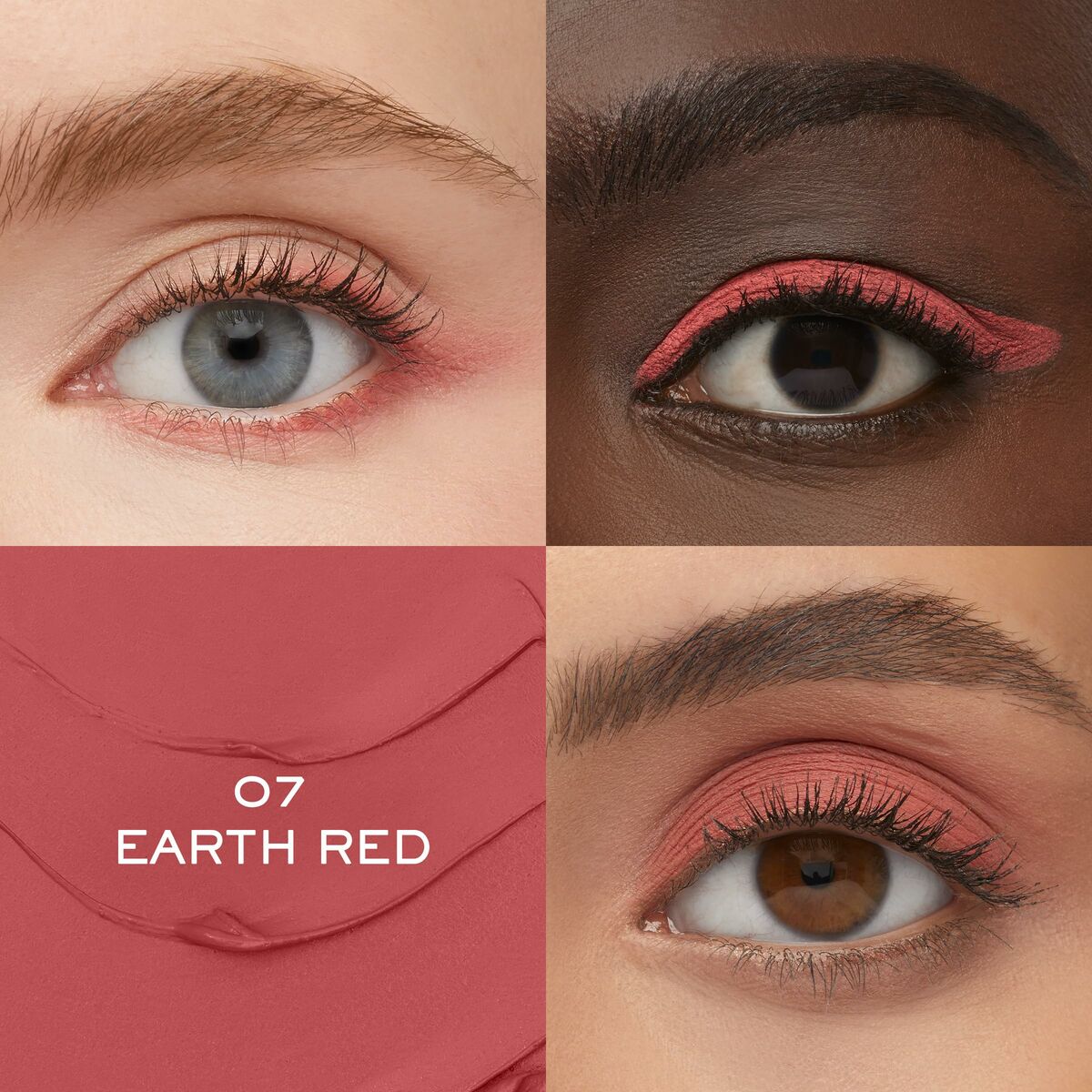 Visual showcasing Lot Lancôme Idôle Tint in Earth Red, featuring eyes with various skin tones and textures.