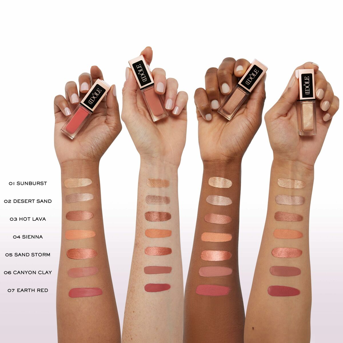 Swatches of Lancôme Idôle Tint in various shades on diverse skin tones with product tubes in hand.