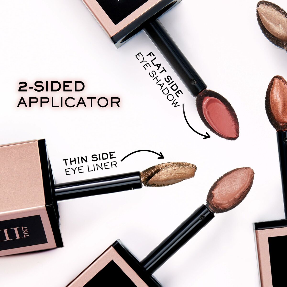 2-sided applicator showing flat side for eyeshadow and thin side for eyeliner in luxurious packaging.