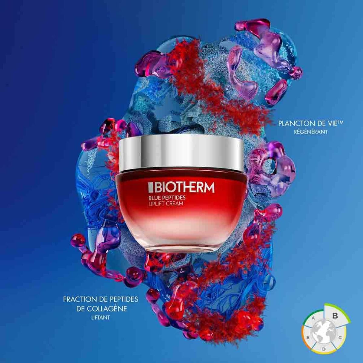 Crème Biotherm BLUE PEPTIDES 30 ml avec ingrédients régénérants sur fond coloré.