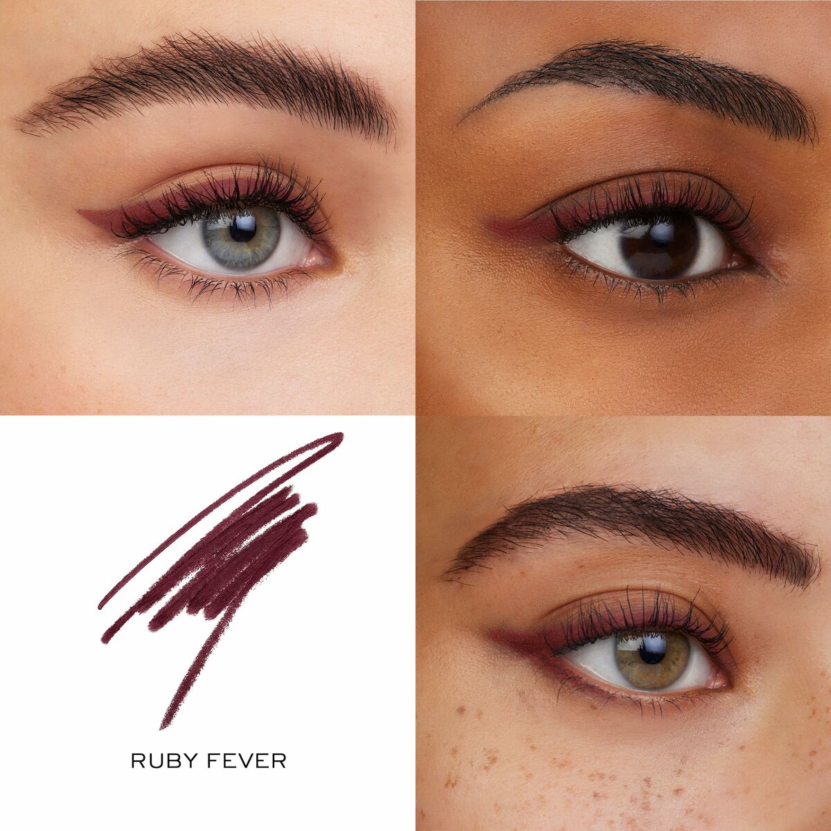 Close-up of eye makeup featuring Ruby Fever eyeliner on diverse models.