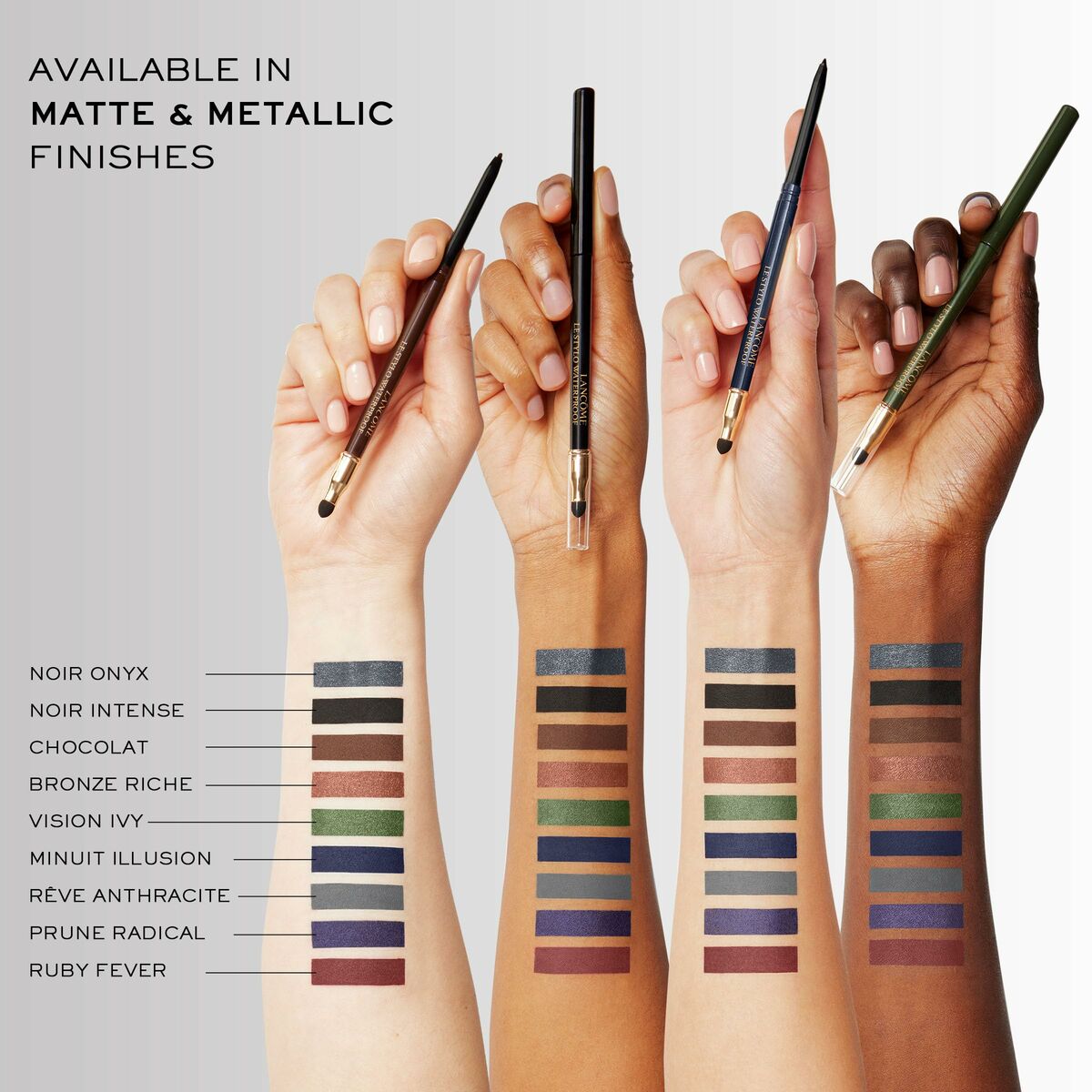Graphic showcasing Lancôme eyeliners in matte and metallic finishes with swatches on diverse skin tones.