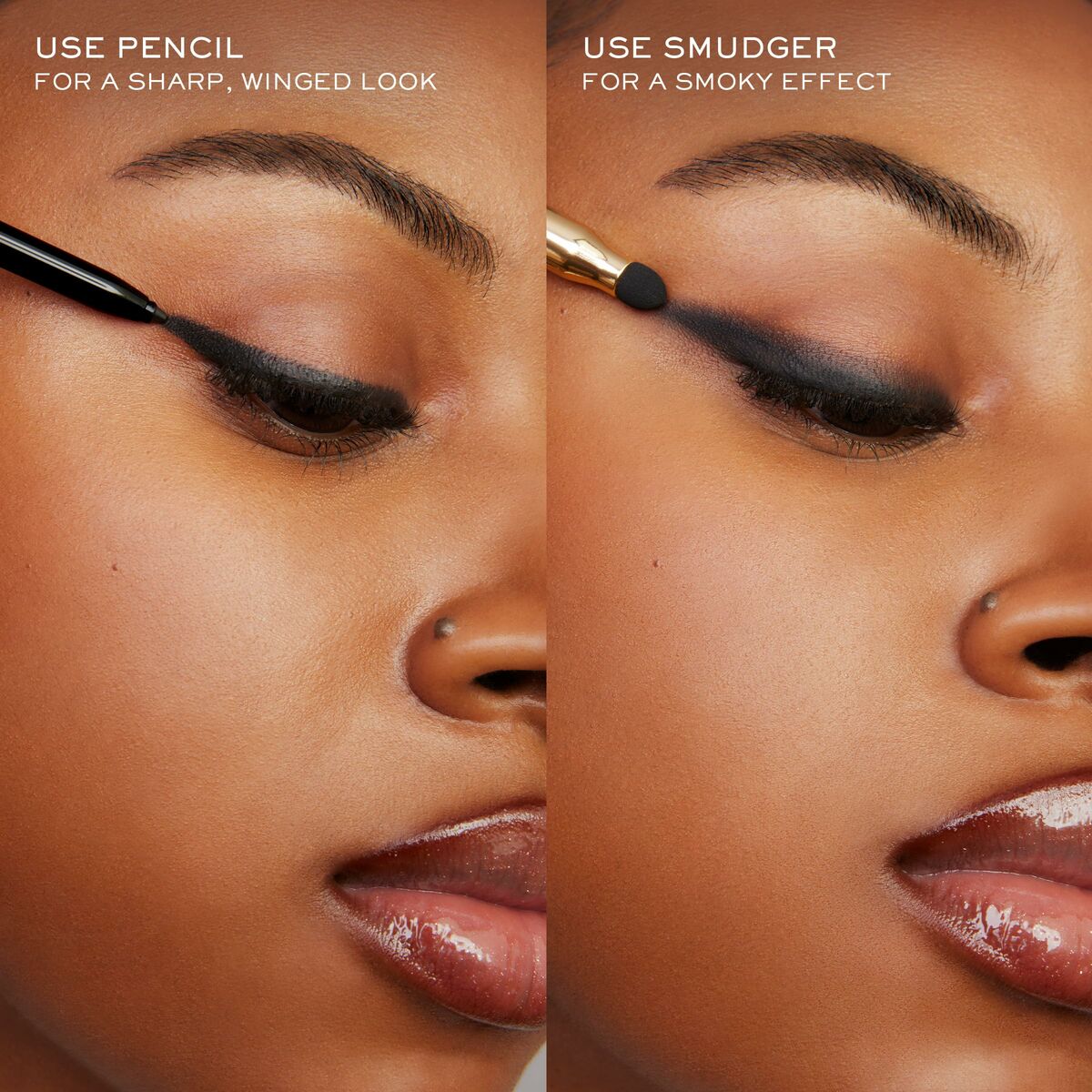 A model demonstrating eyeliner application techniques: pencil for a sharp look and smudger for a smoky effect.