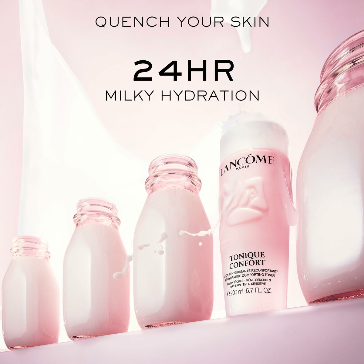 Lancôme Tonique Confort 200 ml featuring 24-hour milky hydration with soft pink bottles for skincare.