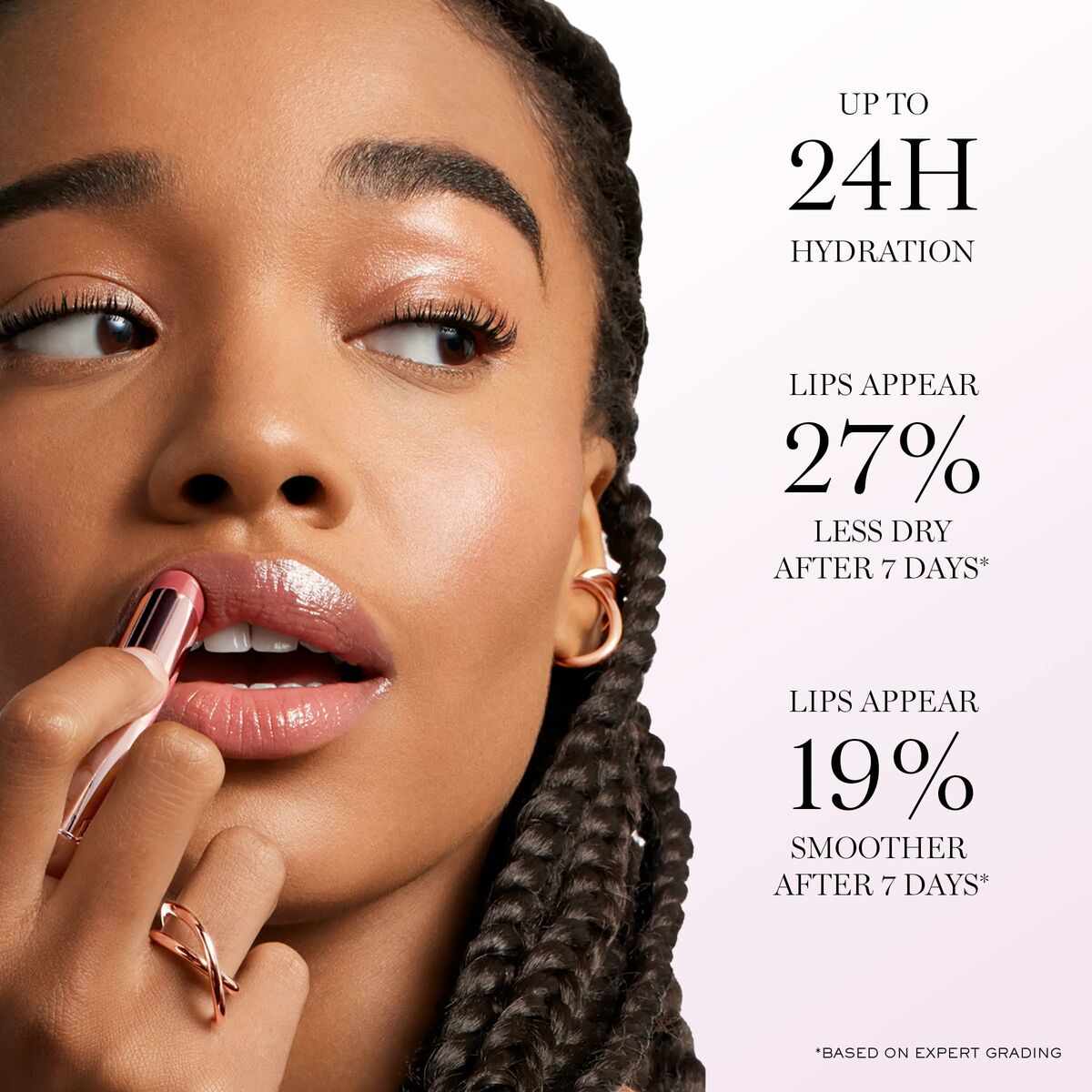 Model applying Lancôme Rouge à Lèvres while showcasing hydration and lip benefits, highlighting 24H hydration results.