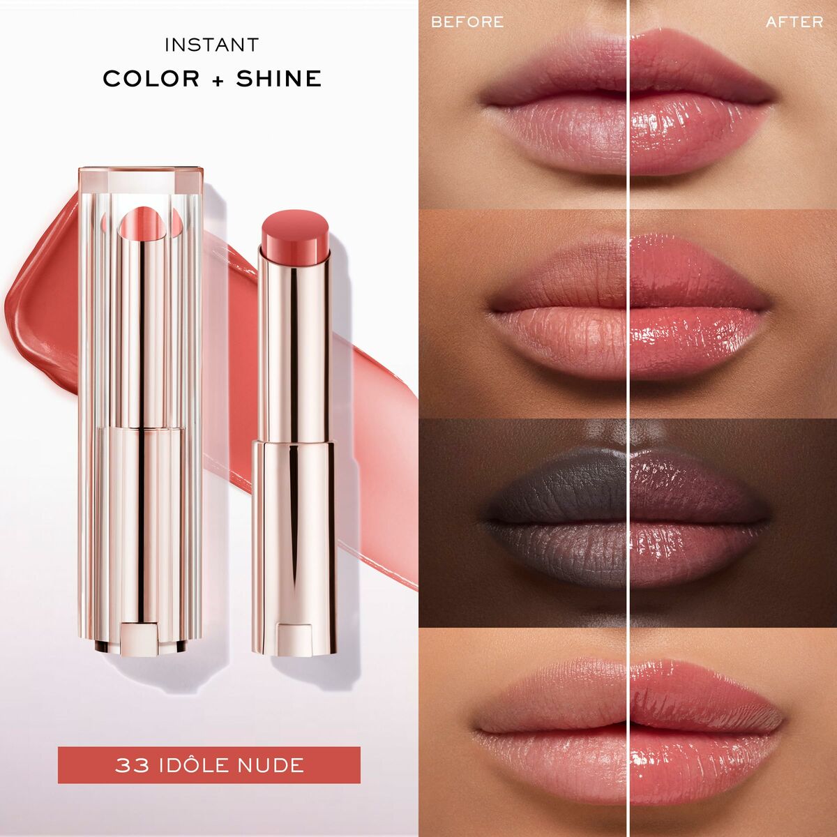 Rouge à lèvres Lancôme LASH IDÔLE Nº 33, avant et après l'application, couleur nude, effet brillant.