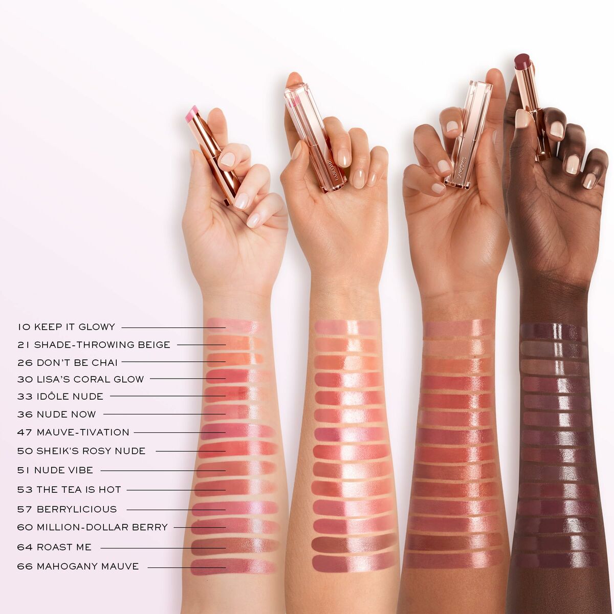 Swatches of various lipsticks on arms, showcasing shades like Keep It Glow, Mauve-Tivation, and more.