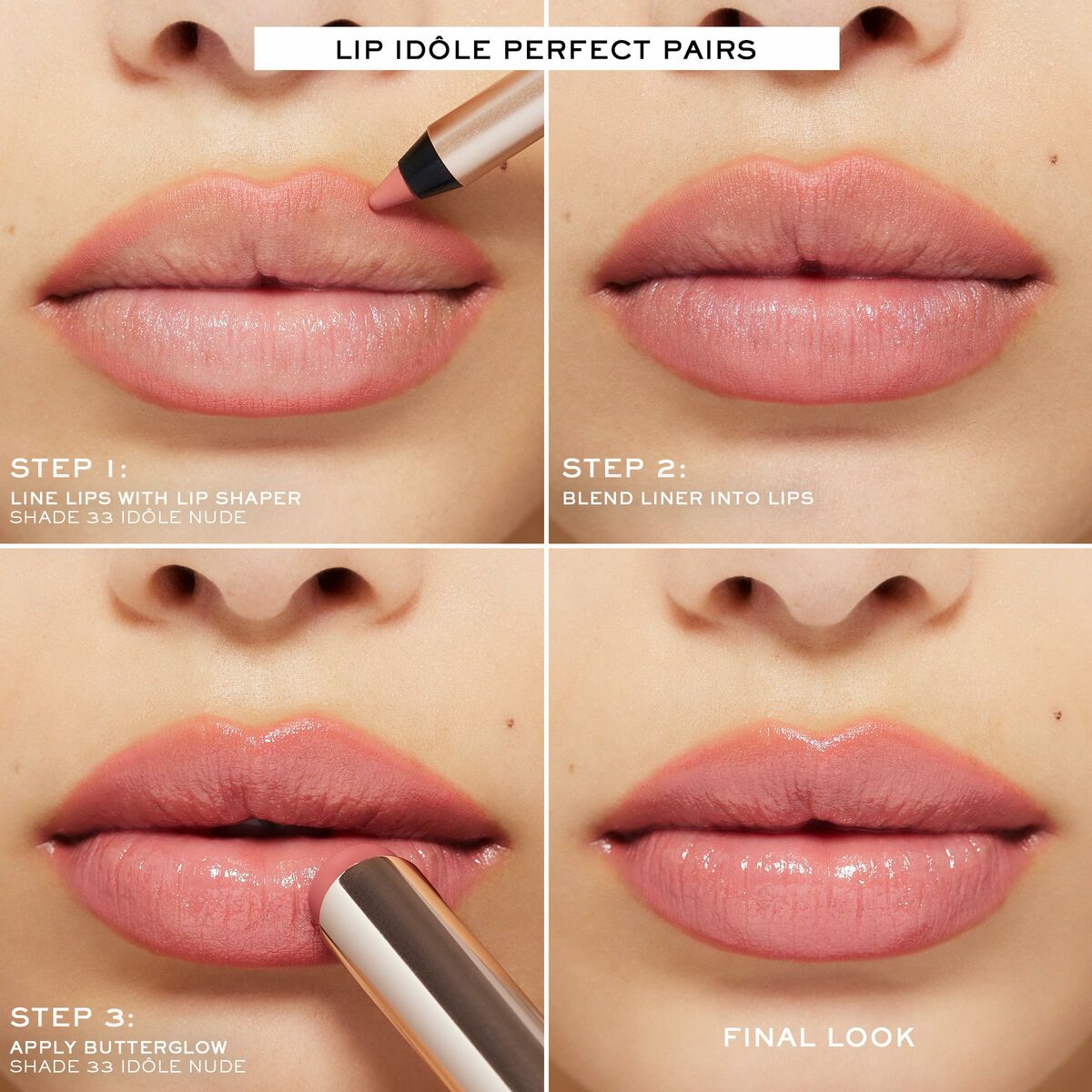 Step-by-step guide to achieve the perfect lip look using Lancôme LASH IDÔLE Nº 33 products.