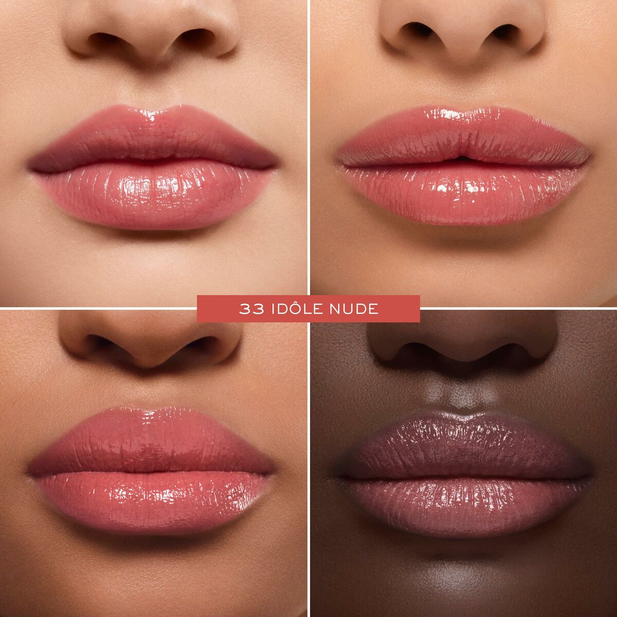 Rouge à lèvres Lancôme LASH IDÔLE Nº 33 sur des lèvres révélant des nuances naturelles, unisexes et éclatantes.