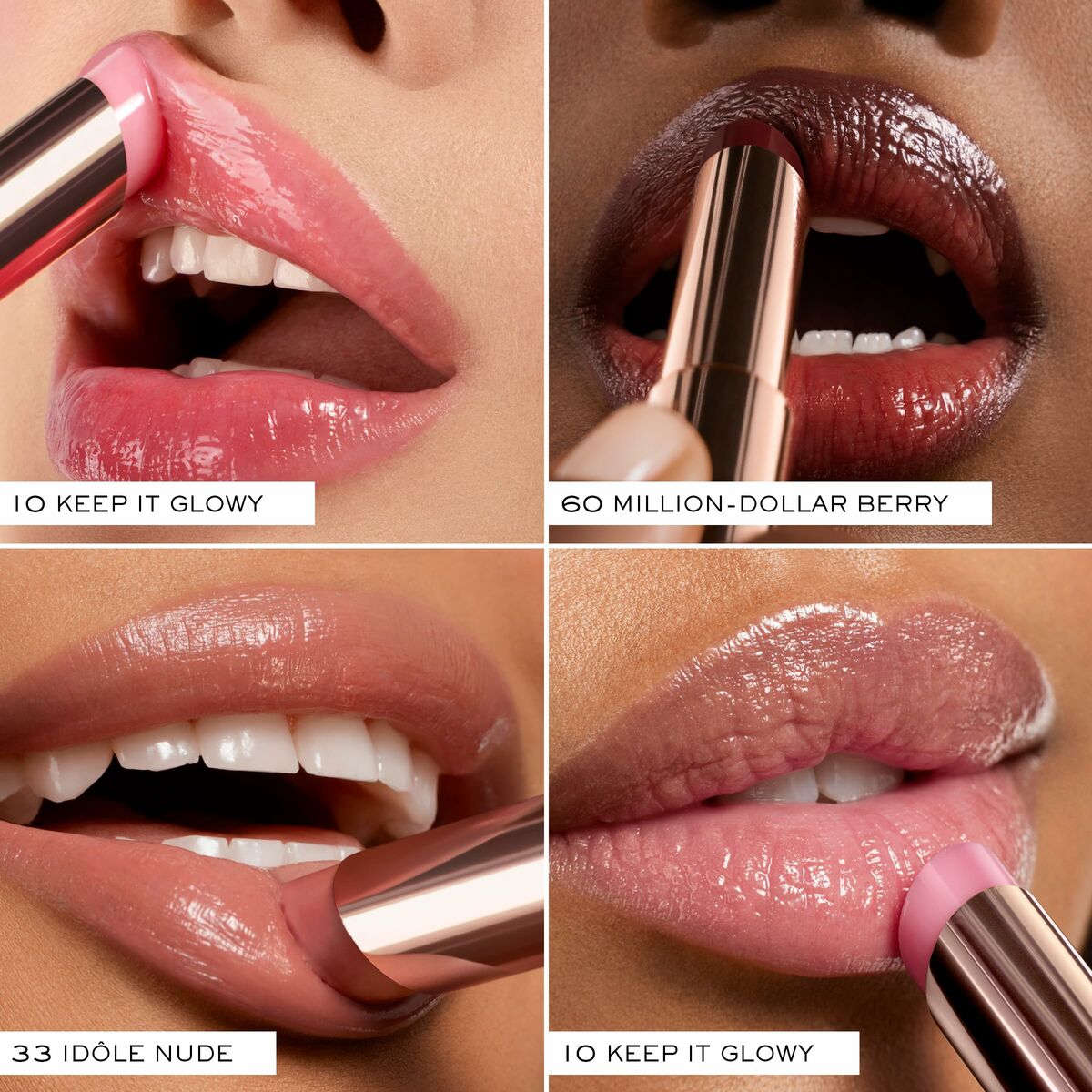Close-up of lips showcasing Lancôme lipstick shades: Keep It Glowy, Million-Dollar Berry, and Idôle Nude.