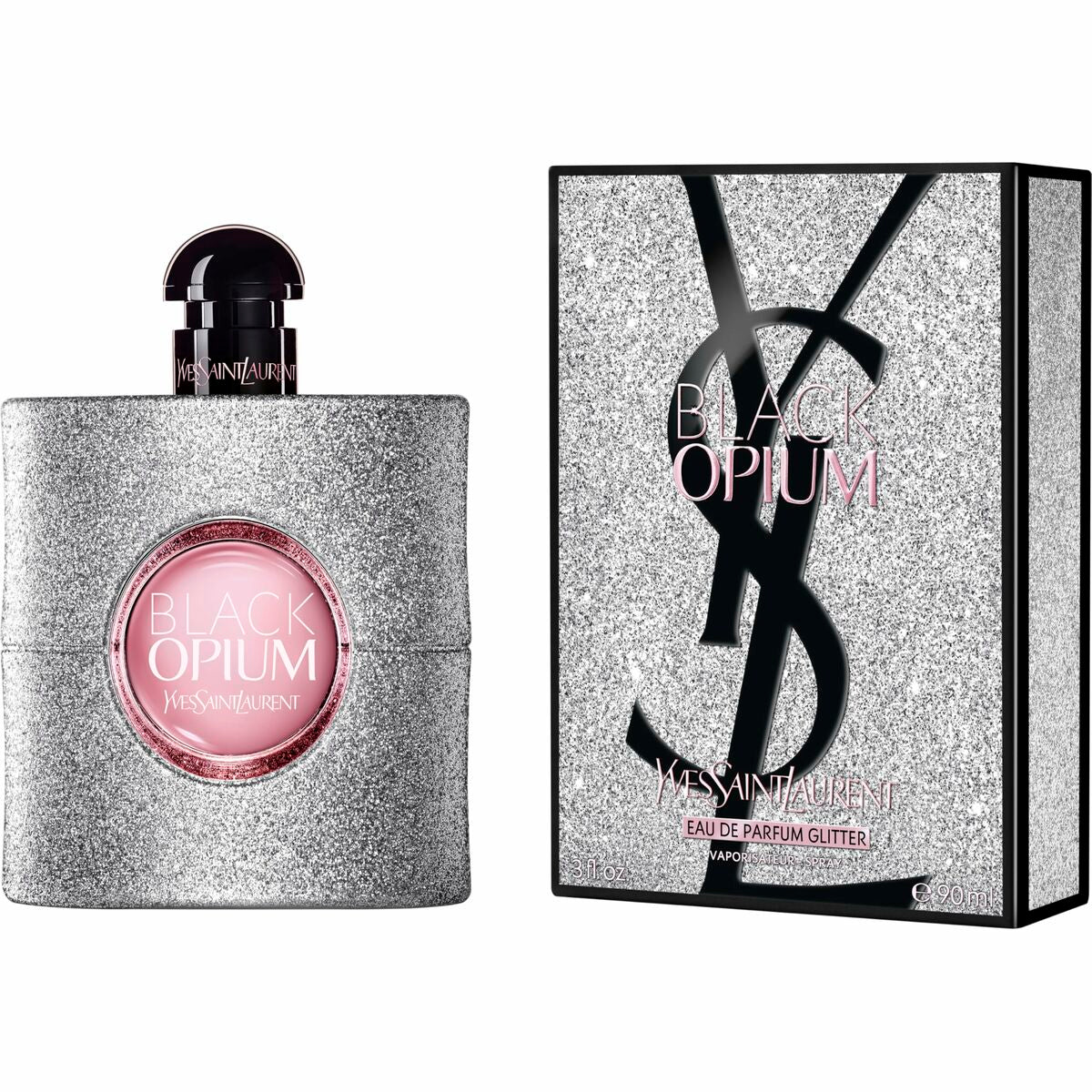 YSL Black Opium perfume and glitter box showcasing feminine elegance and luxury fragrance.