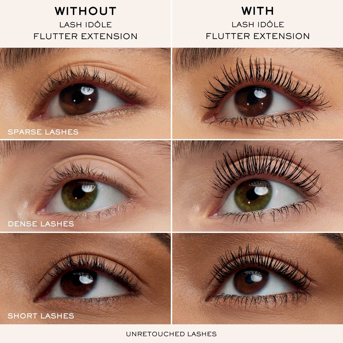 Comparison of lashes: without and with Lancôme LASH IDÔLE Flutter Extension. Highlights sparse, dense, and short lash transformations.