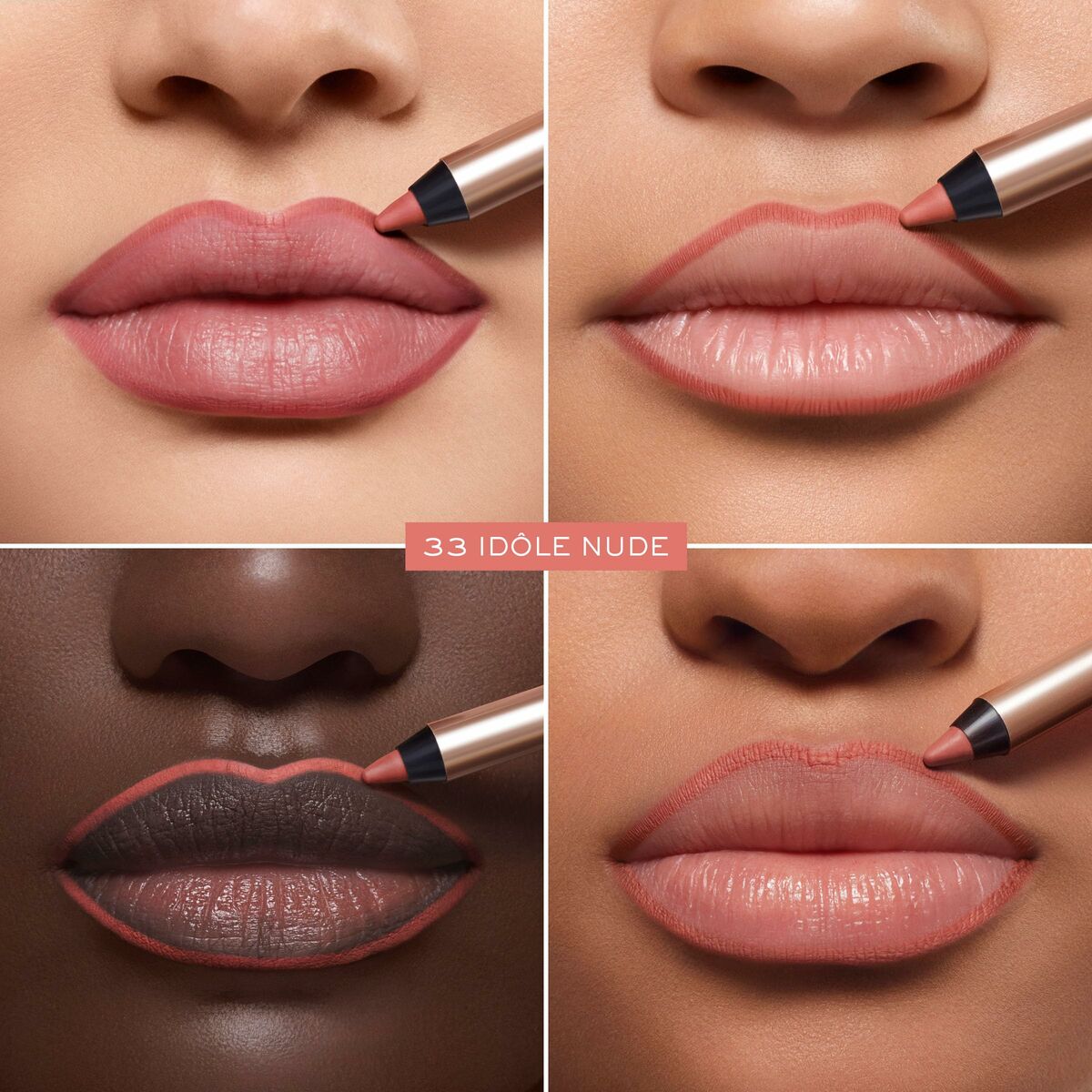 Application of Lancôme LASH IDÔLE Nº 33 lipstick on diverse lips showcasing the nude shade.