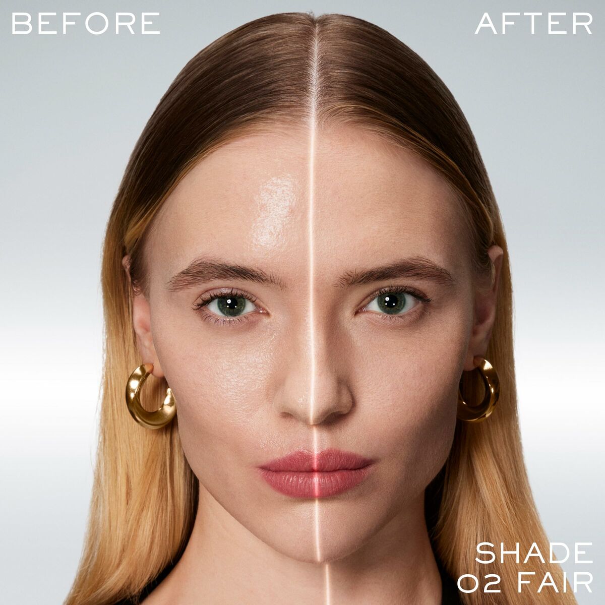 Before and after makeup comparison using Lancôme TEINT IDOLE ULTRA WEAR, showcasing Shade 02 Fair.