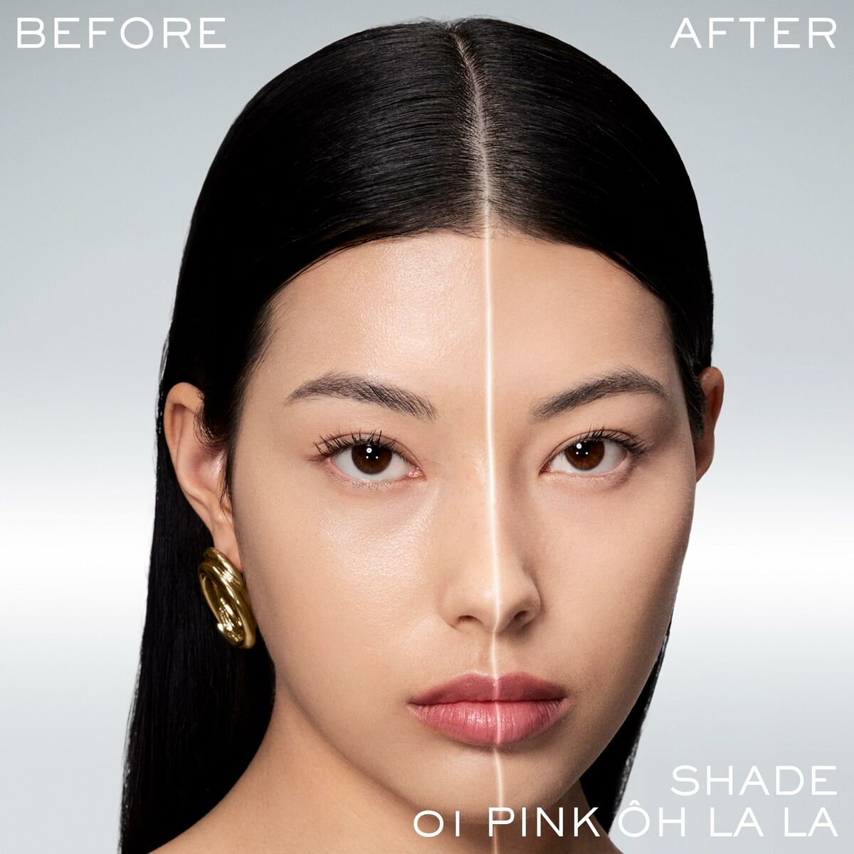 Before and after makeup transformation showing the Lancôme TEINT IDOLE Ultra Wear shade OI PINK OH LA LA.