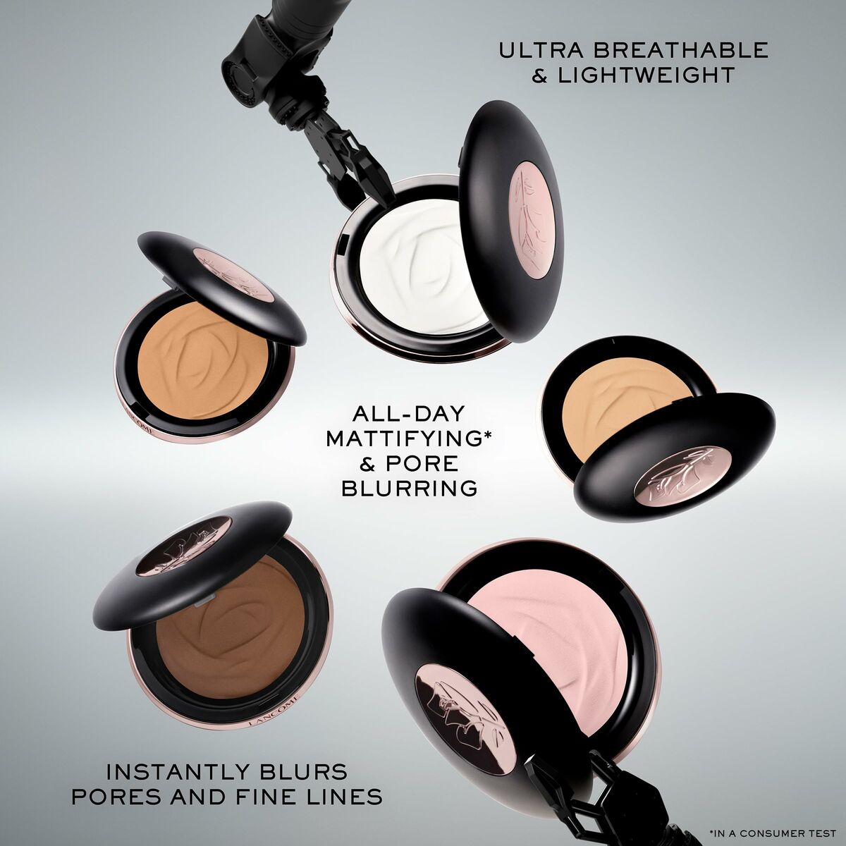 Set de Maquillage Lancôme TEINT IDOLE ULTRA WEAR showing lightweight, breathable face powders for pore blurring.