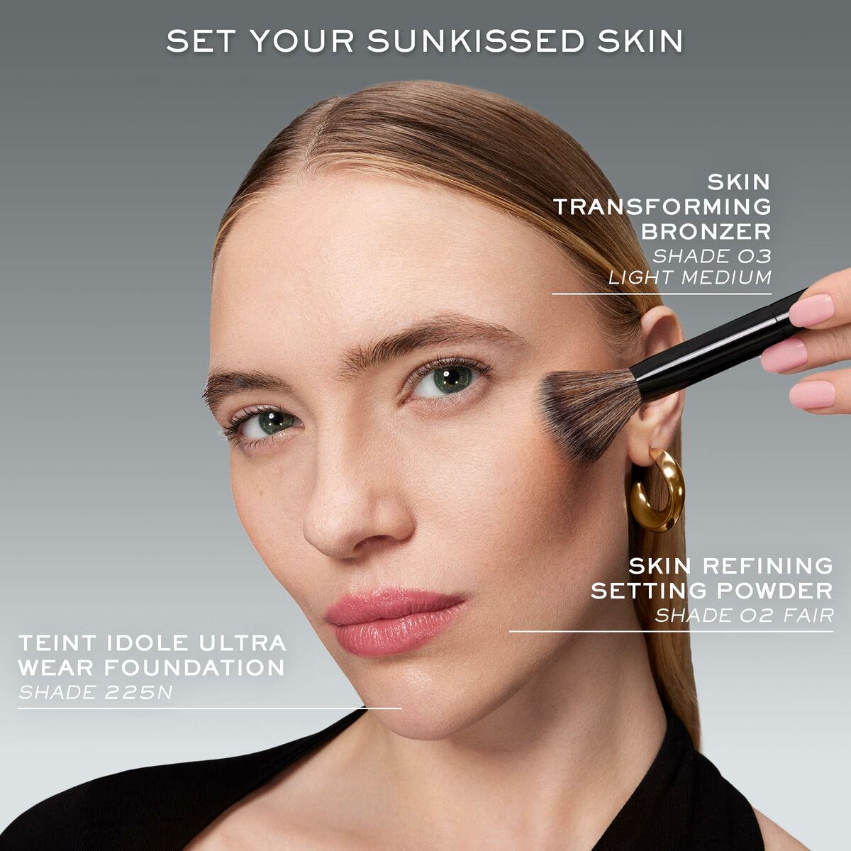 Model applying Lancôme Teint Idole Ultra Wear makeup with bronzer and setting powder for a sun-kissed look.