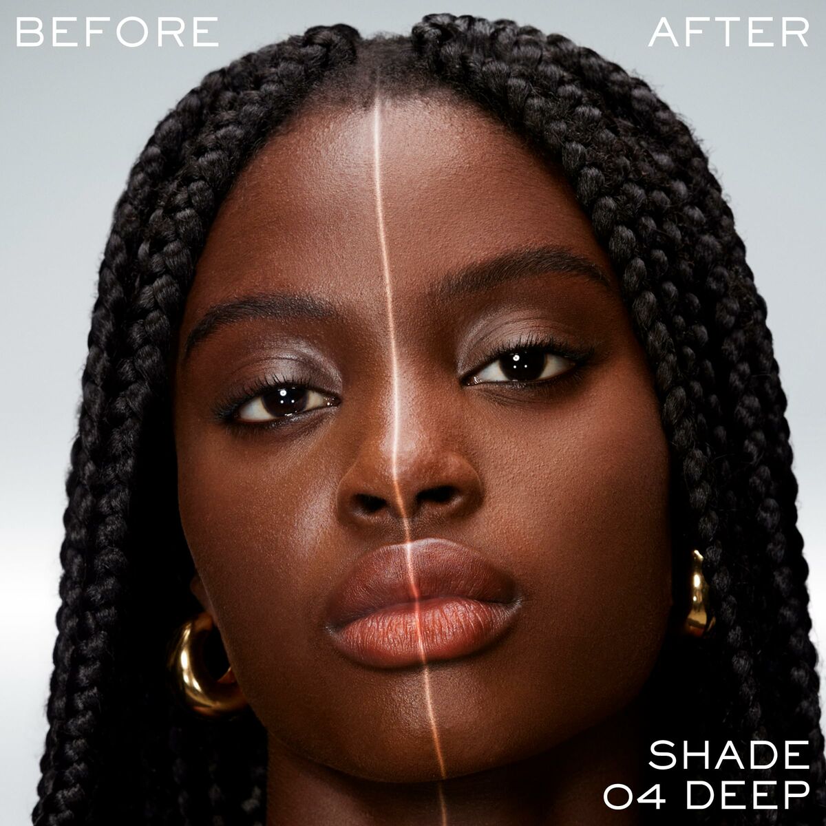 Comparison image showing before and after application of Lancôme Teint Idole Ultra Wear in shade 04 Deep.